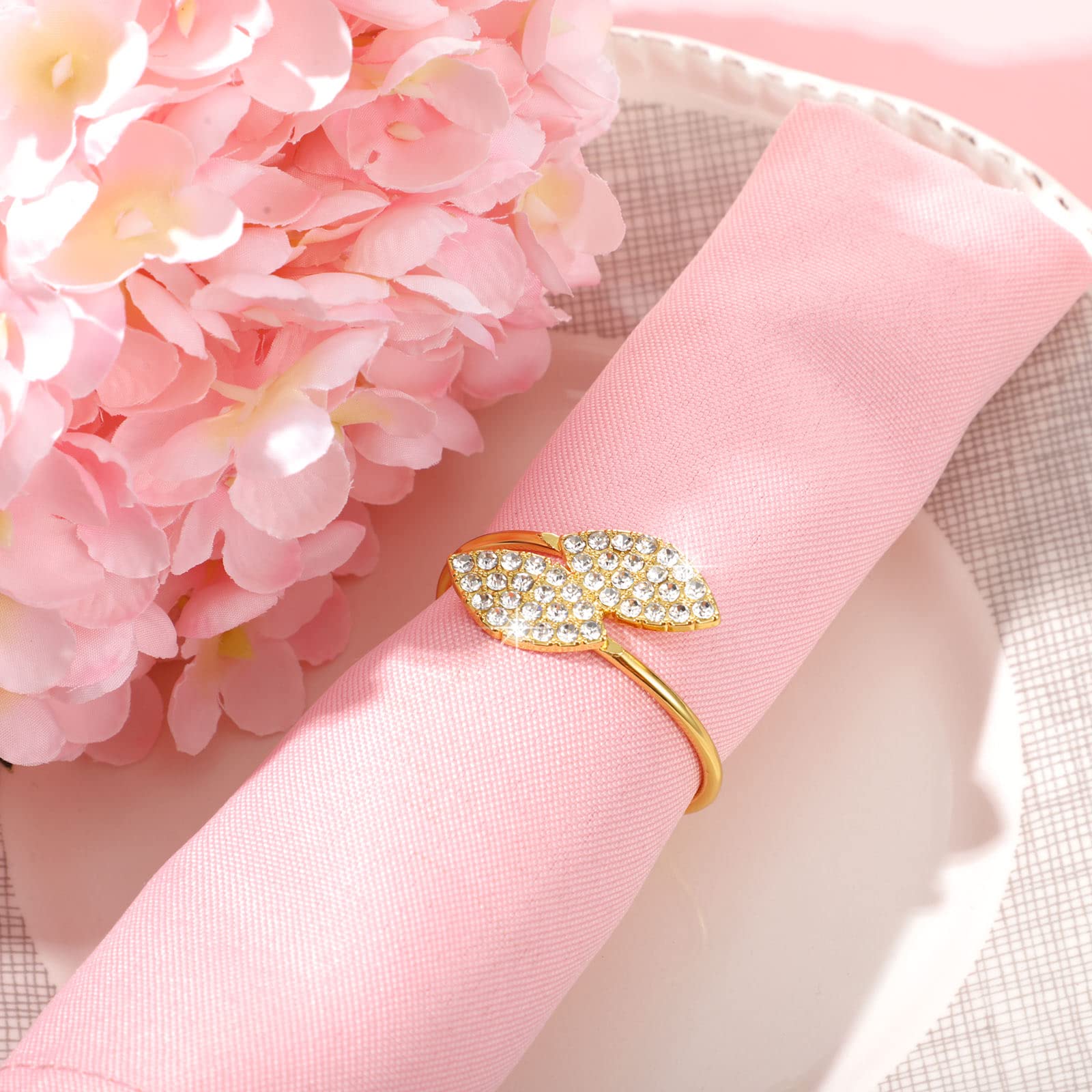 Hotop 250 Pcs Napkin Rings Gold Table Decorations, Elegant Bling Leaves Napkin Rings, Rhinestone Guest Towels Buckle for Wedding