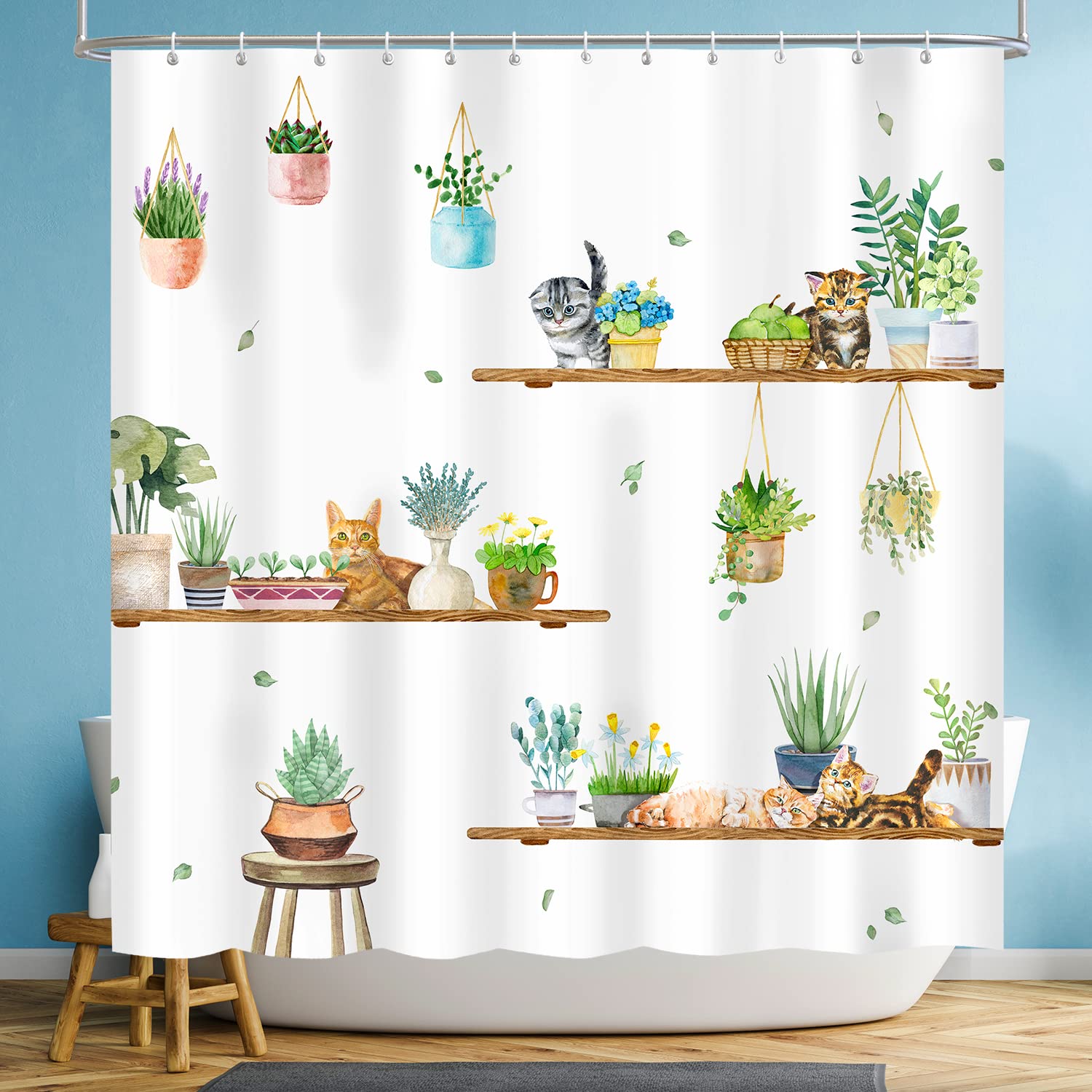 Hanging Potted Plants Cat Shower Curtain, Bracket Plant Kitty Shower Curtain For Bathroom With 12 Hooks, Polyester Fabric Waterp