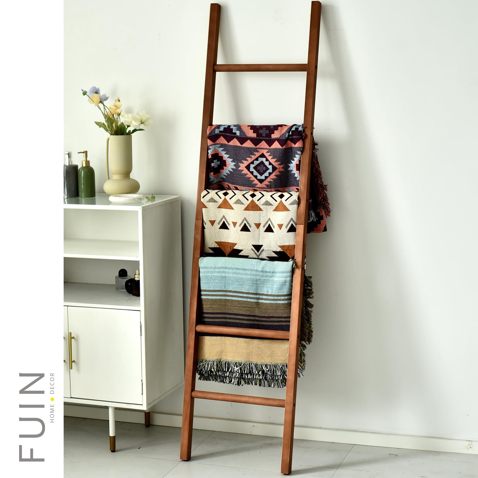 Fuin 6Ft Wooden Brown Blanket Ladder Living Room Decorative Wall Leaning Farmhouse Quilt Display Holder Rustic Wood Towel Rack F