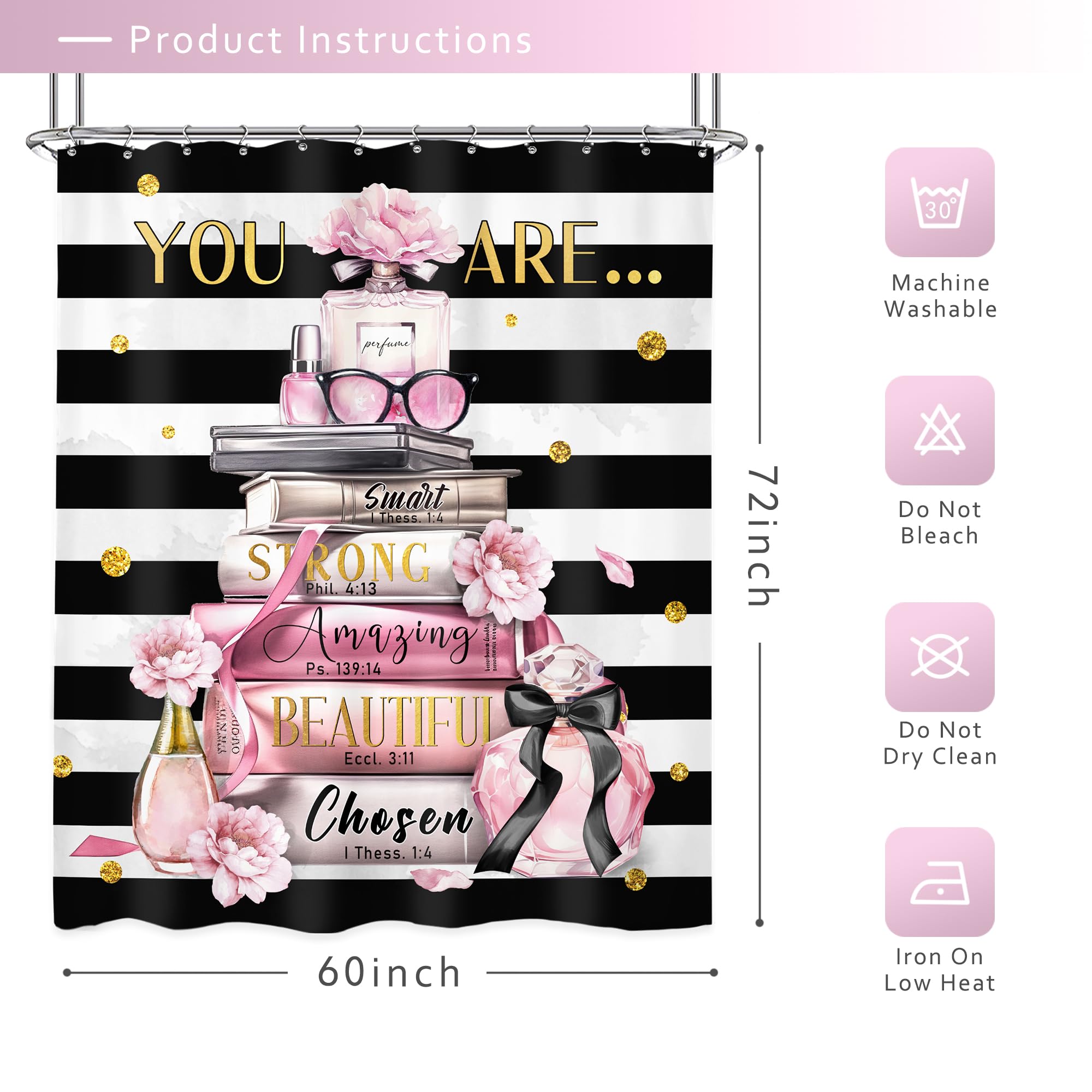 Riyidecor Fashion Quotes Shower Curtain 60Wx72H Inch Woman Black White Striped You Are Pink Modern Magazine Books Perfume Flower