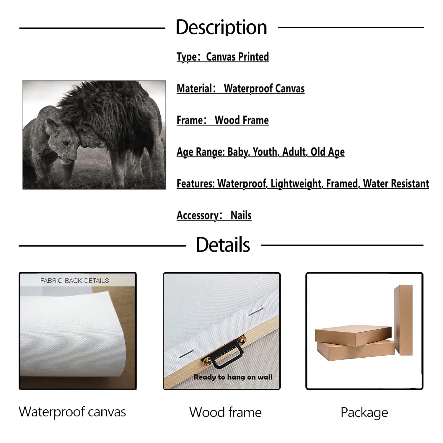 Black And White Lion Couple Animals Art Poster Living Room Master Bedroom Wall Art Lioness Artwork Framed Canvas Painting Artwor