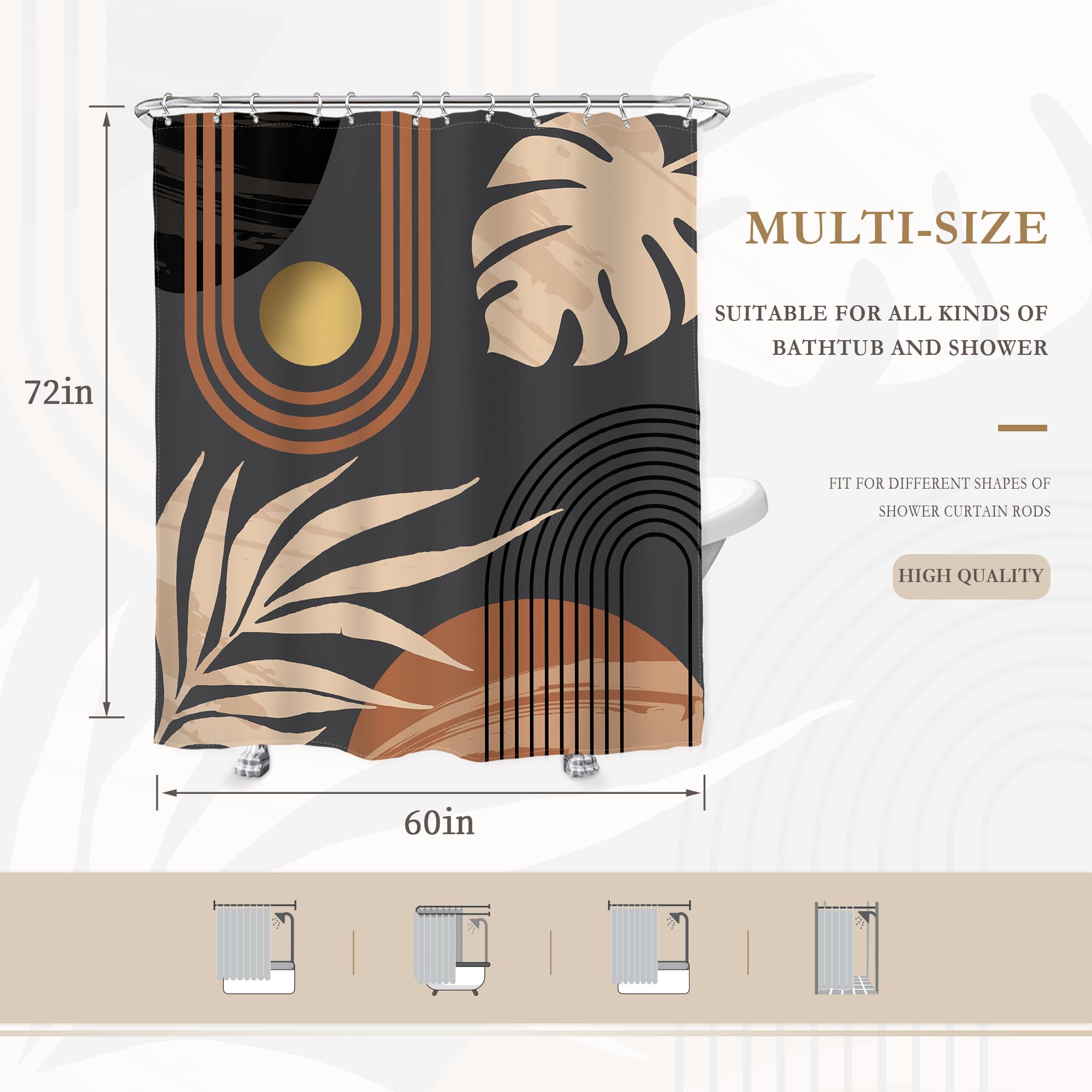 Glawry Black Boho Mid Century Shower Curtain Abstract Beige Leaves Minimalist Simple Aesthetic Arch Sun Modern Bathroom Botanica