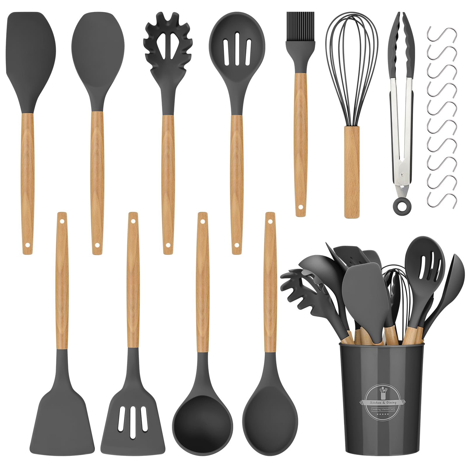 Kitchen Utensil Set, 12 Pcs Silicone Cooking Utensils Set With Wooden Handle, Heat Resistant, Nonstick Cookware Tongs Spatula Sp