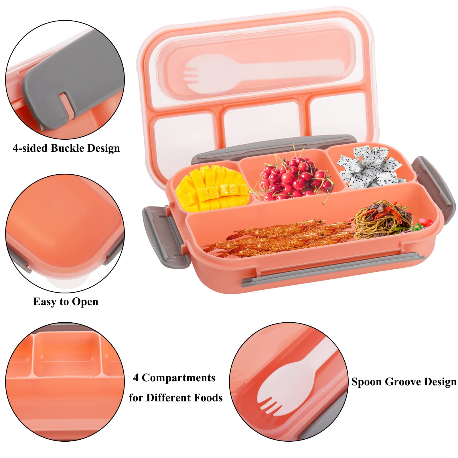 Okllen 3 Pack Bento Lunch Boxes With Spoon And 4 Compartment, Plastic Meal Prep Containers With Lids, Leakproof Food Storage Sna