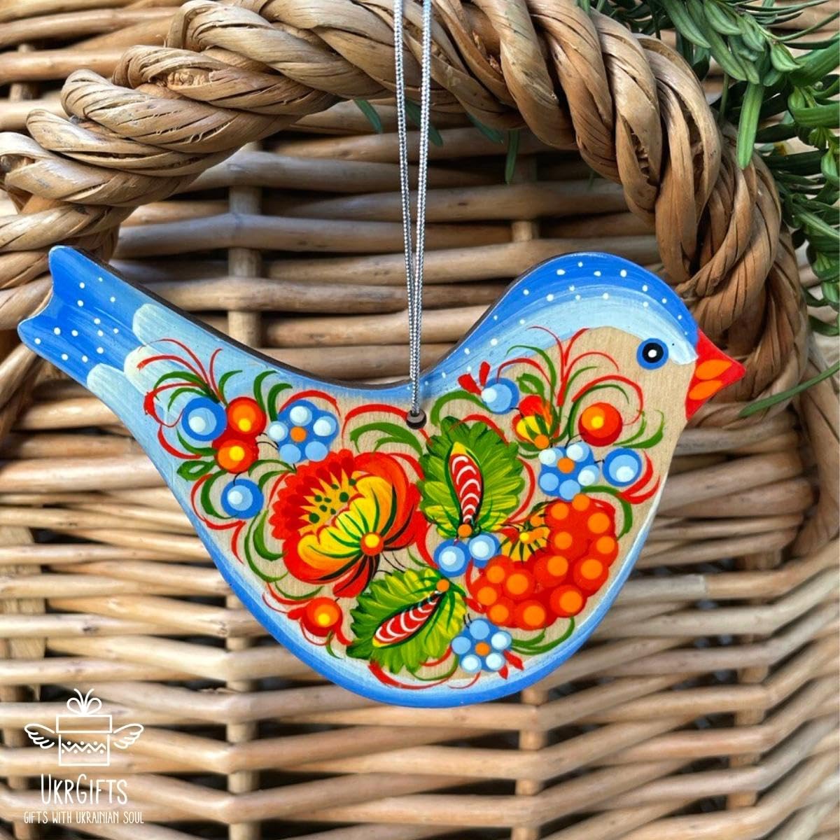 Beautiful Bird Hanging Wooden Ornament 4,3 x 3,3 x 0,2 inch Hand-painted on Both Sides with Petrykivka Painting, Ukrainian Art