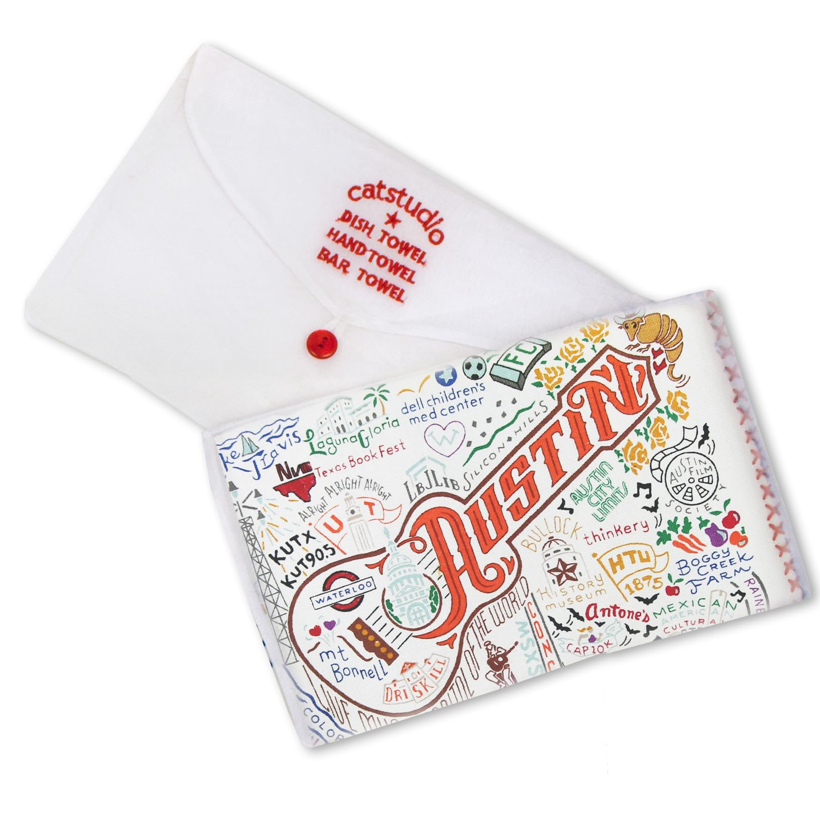 Catstudio Austin Dish Towel, Us Geography Souvenir Kitchen Towel, Hand Towel With Original Artwork, Washable Tea Towel For Austi