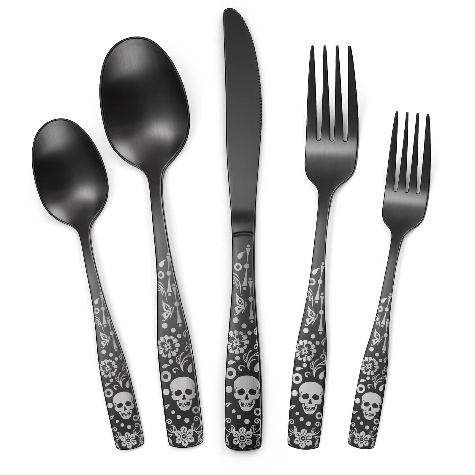 Skull Pattern Black Silverware Set For 8,Oiulo 40-Piece Stainless Steel Matte Flatware Set,Skeleton Flower Bat Unique Design,Sat