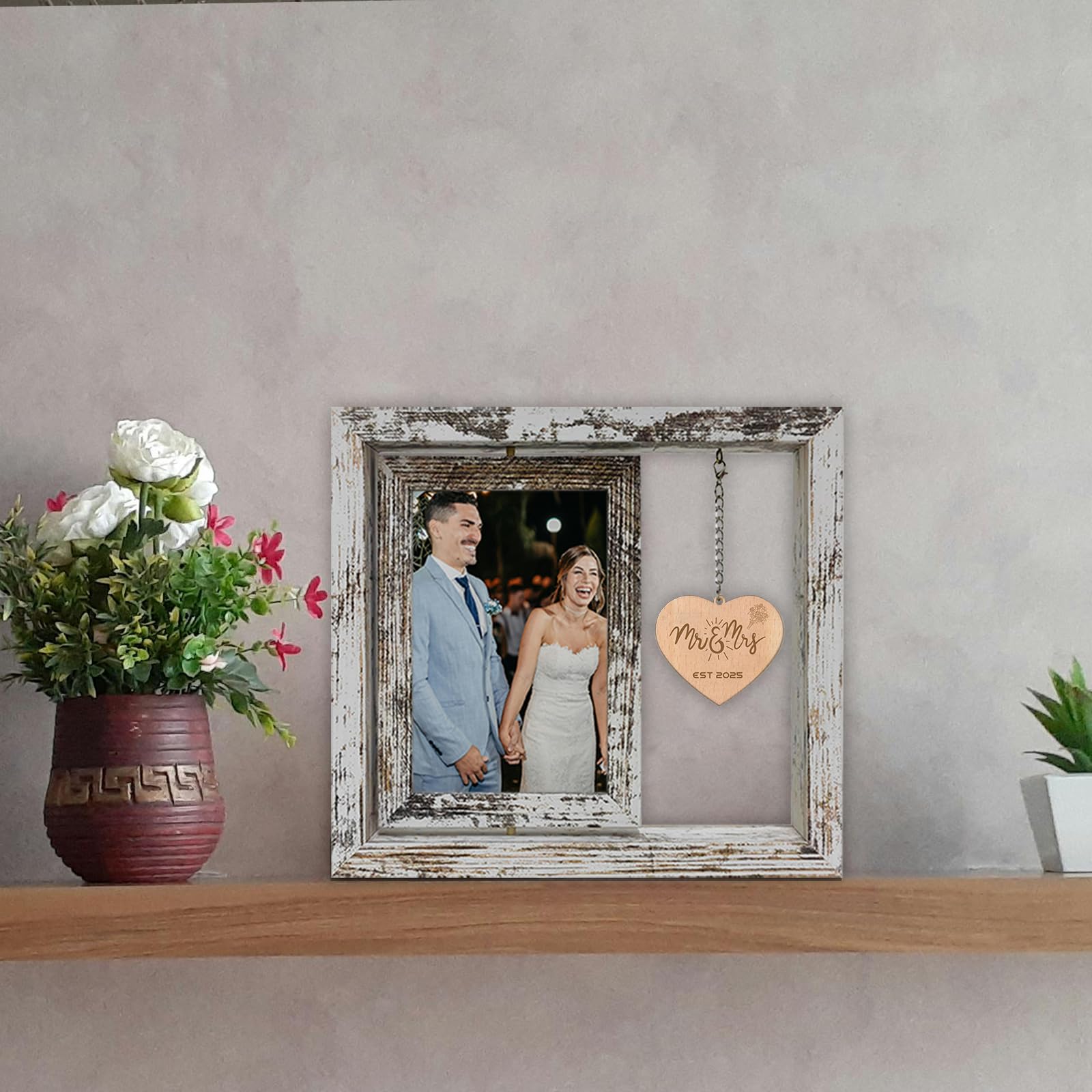soruney Mr & Mrs EST 2025 Picture Frame - 360 Rotating Double Photo Frame Vintage Wedding Gifts for Newlyweds - Bridal Shower Gi
