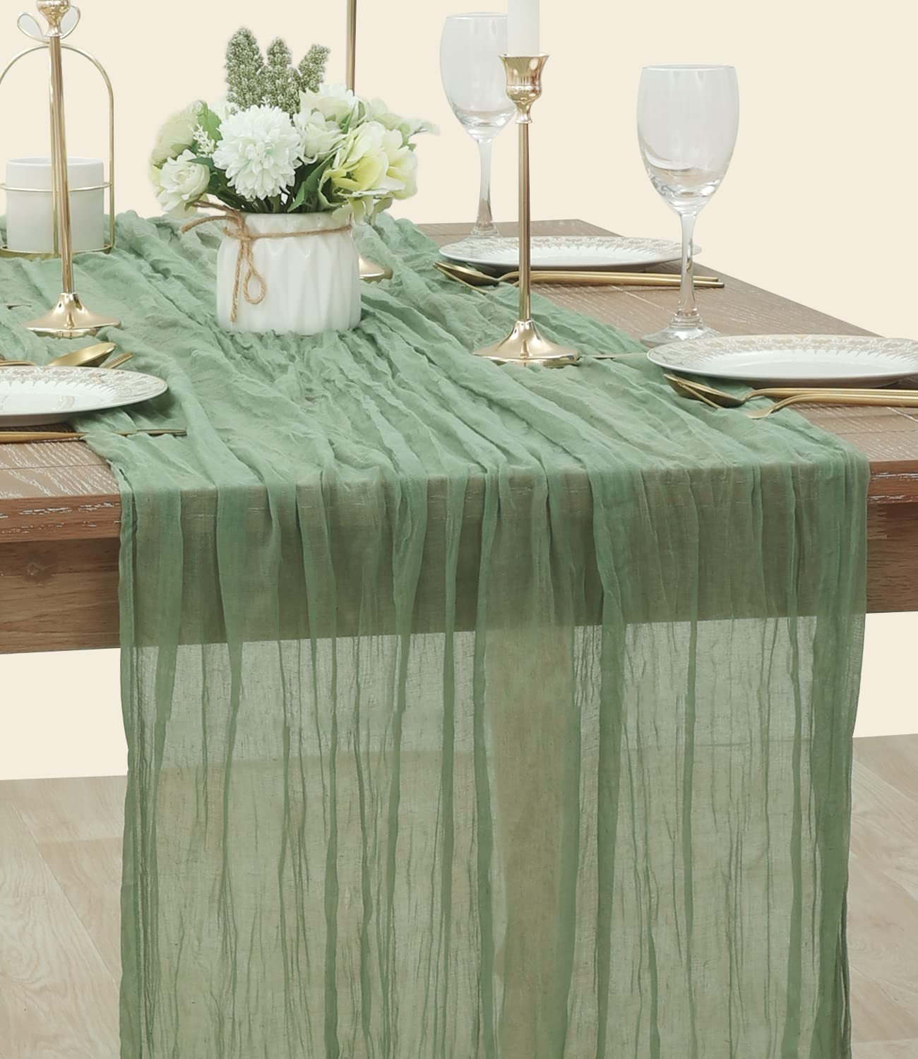 Socomi Cheesecloth Table Runner 14Ft Gauze Boho Rustic Sage Green Cheese Cloth Table Runner For Wedding Bridal Shower Thanksgivi