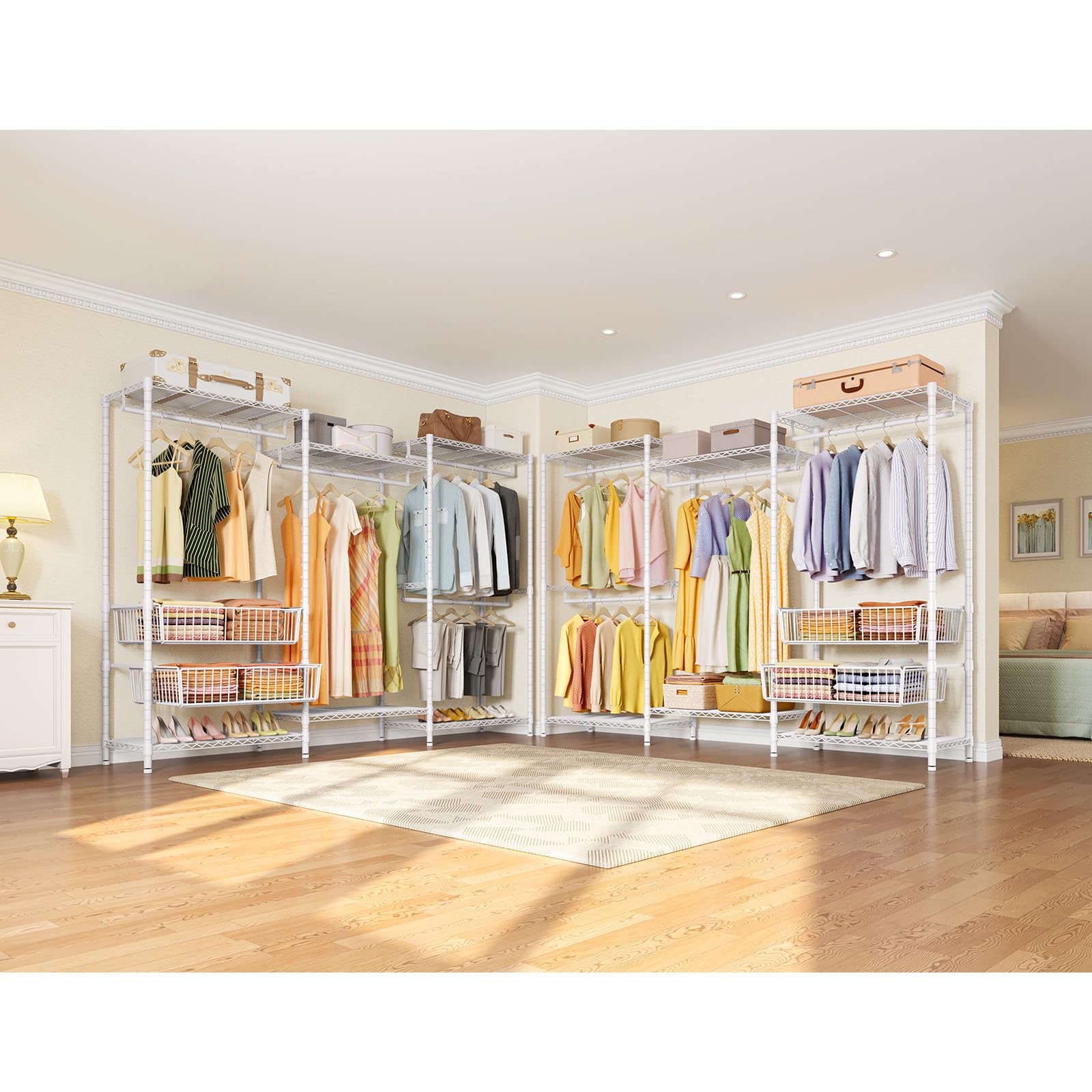 VIPEK V10 Wire Garment Rack 5-Tiers Heavy Duty Clothes Rack Large Size Clothing Rack with 4 Hanging Rods  6 Wire Shelves and 2 Slid Baskets  85.8 '' W x 15.7 '' D x 76.4 '' H  Max Load 800 LBS  White