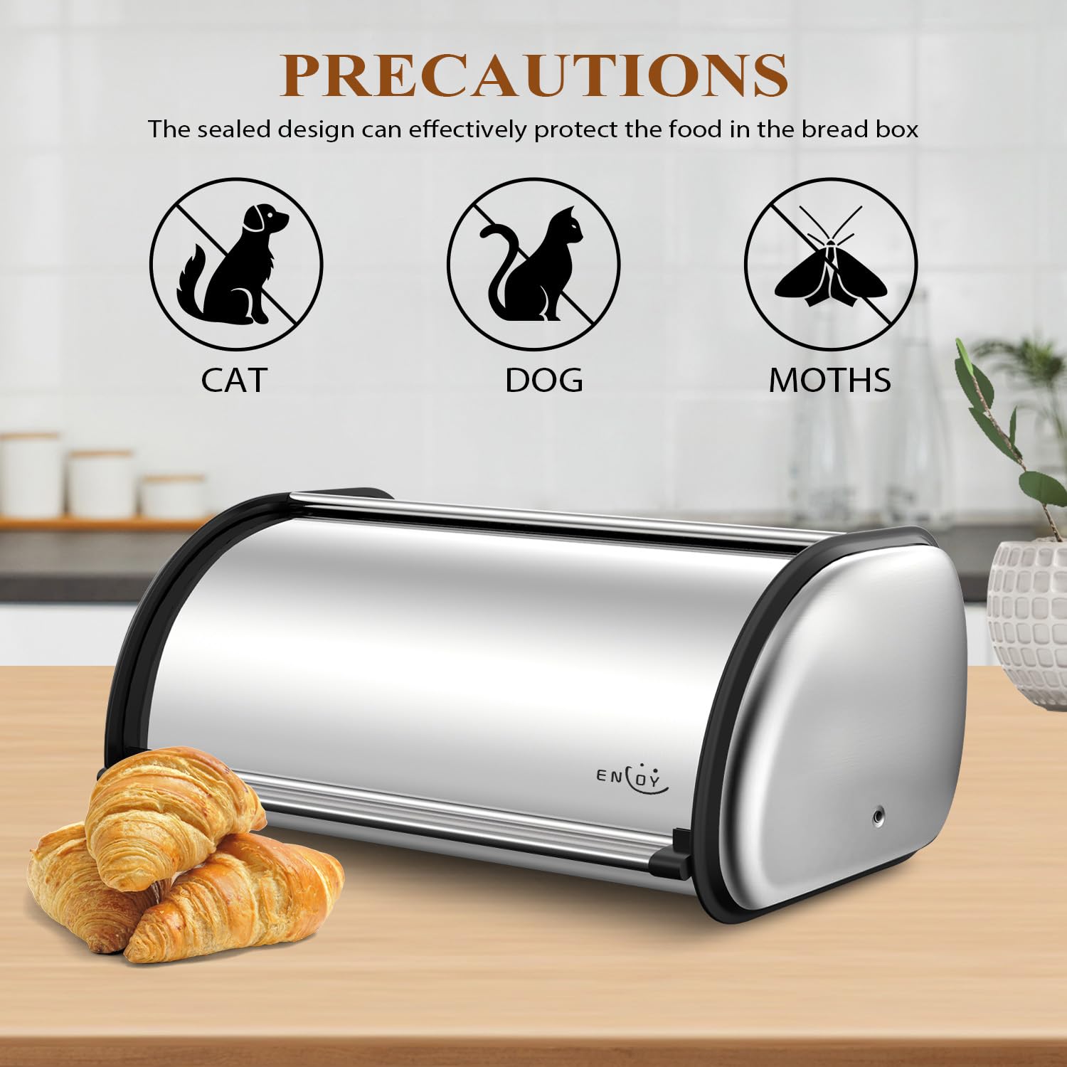 Enloy Bread Box For Kitchen Counter, Stainless Steel Roll Top Bread Bin, Sliver Bread Storage Holder With Lid, Large Capacity Br
