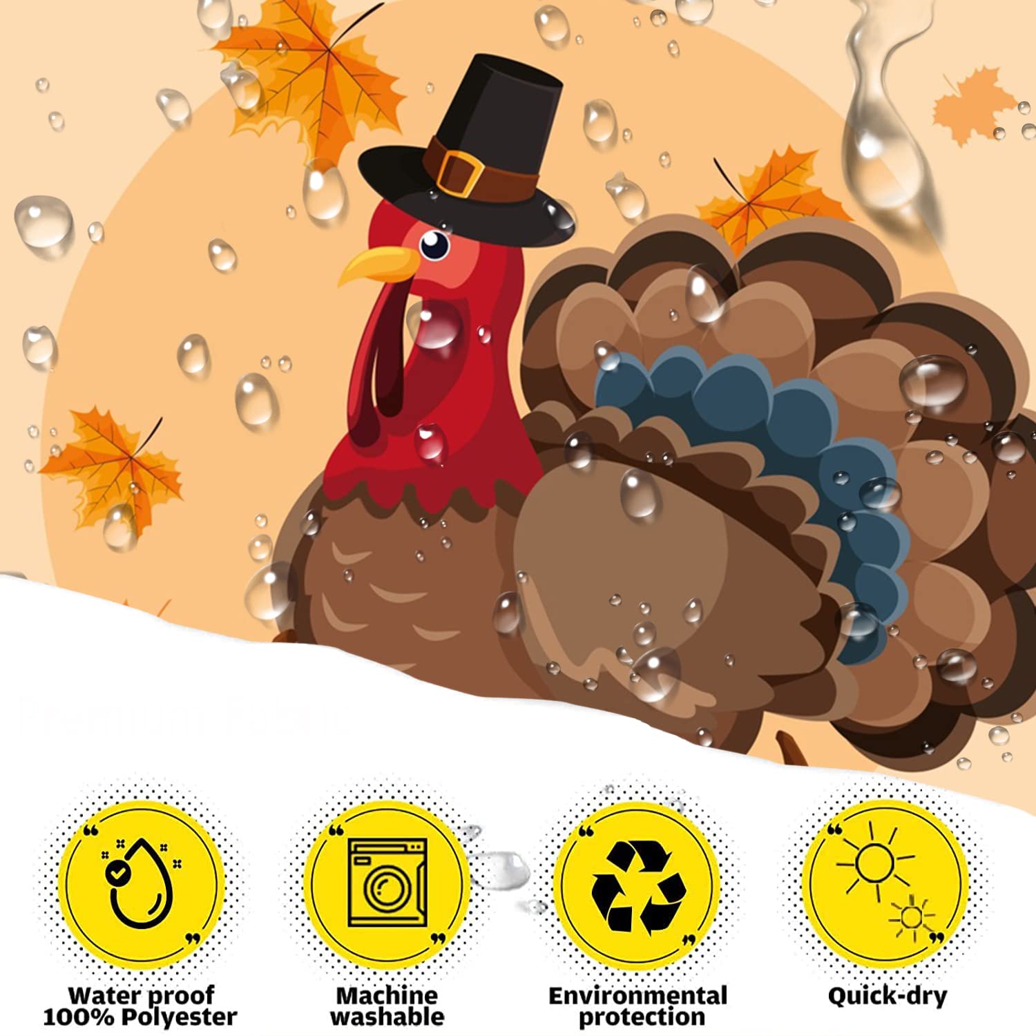 GCIREC Thanksgiving Shower Curtain, Waterproof Fabric, 72"x72", Fall Harvest Pumpkin & Turkey, Model GCI-8956