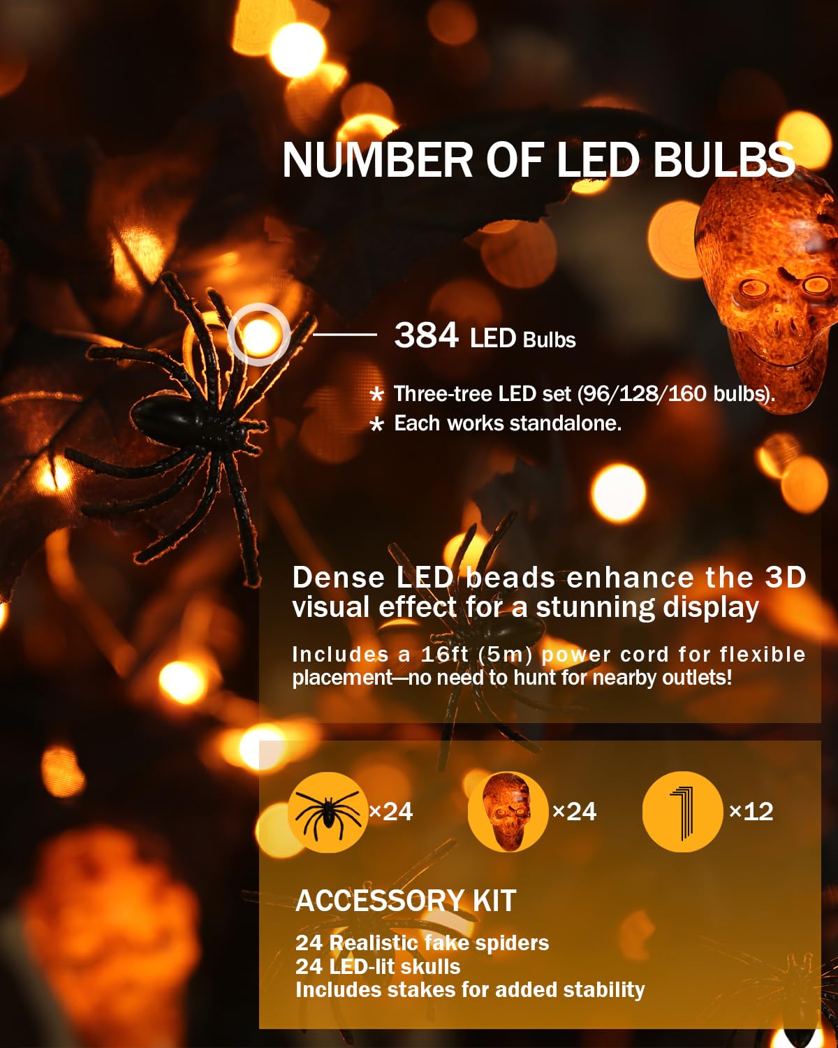 TYBEEU Halloween Decor Set: 4ft/5ft/6ft Black Maple Trees with 384 LED, 24 Skull Lights & Spiders - Indoor/Outdoor Waterproof -