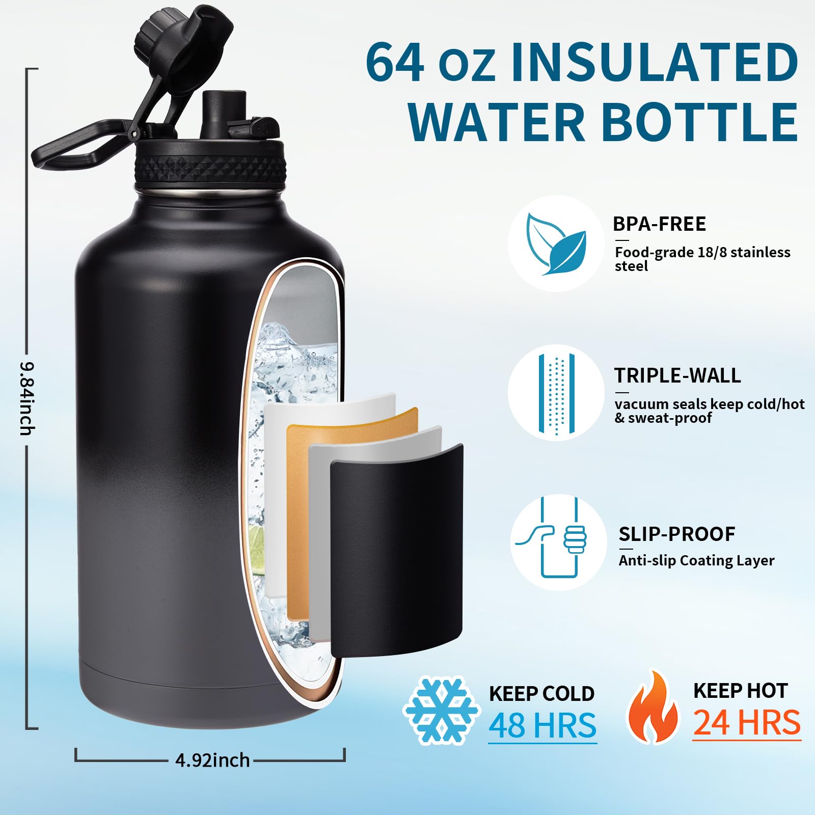 64OZ Insulated Sports Water Bottle - Large Half Gallon Stainless Steel Flask Water Bottles 64 oz  Leak Proof  Double Walled  BPA Free  Sweat-Proof Water Jug with Straw  Keep Cold-48H & Hot-24H
