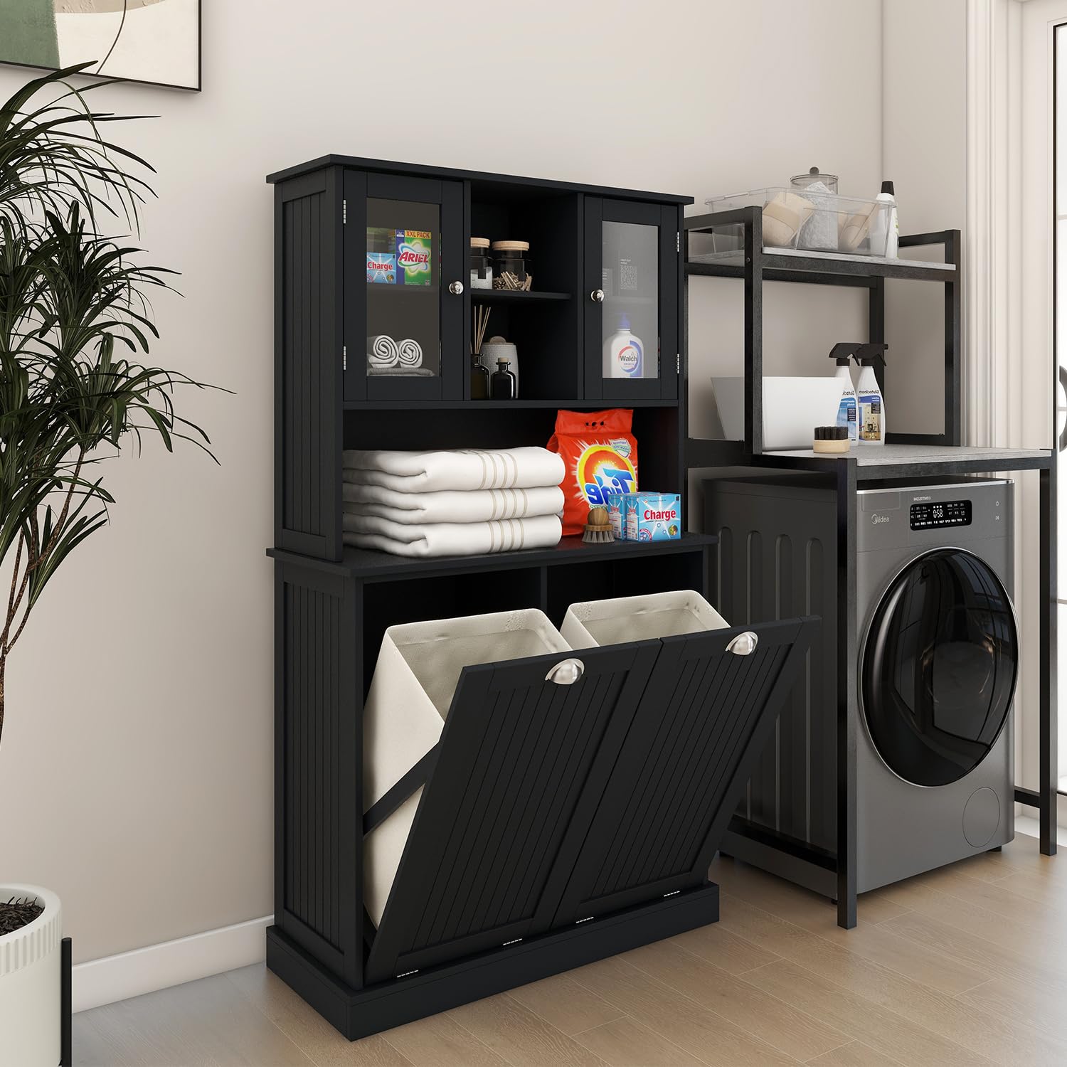 Oqsc Tall Tilt Out Laundry Hamper Cabinet With 2 Removable Baskets, Laundry Room Cabinets And Storage Furniture With Hidden Laun