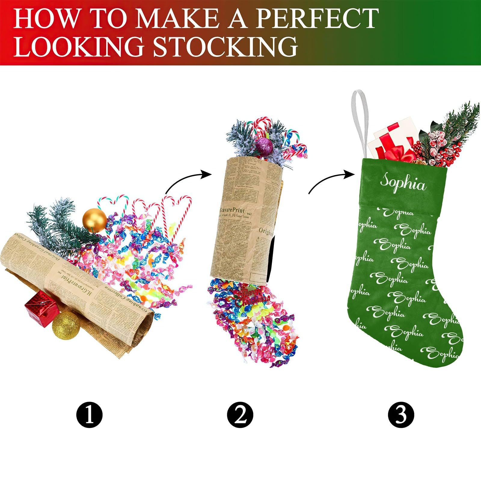 SunFancyCustom Custom Green Name Christmas Stocking Personalized with Name Xmas Family Holiday Birthday Gift Decor 17.52 x 7.87