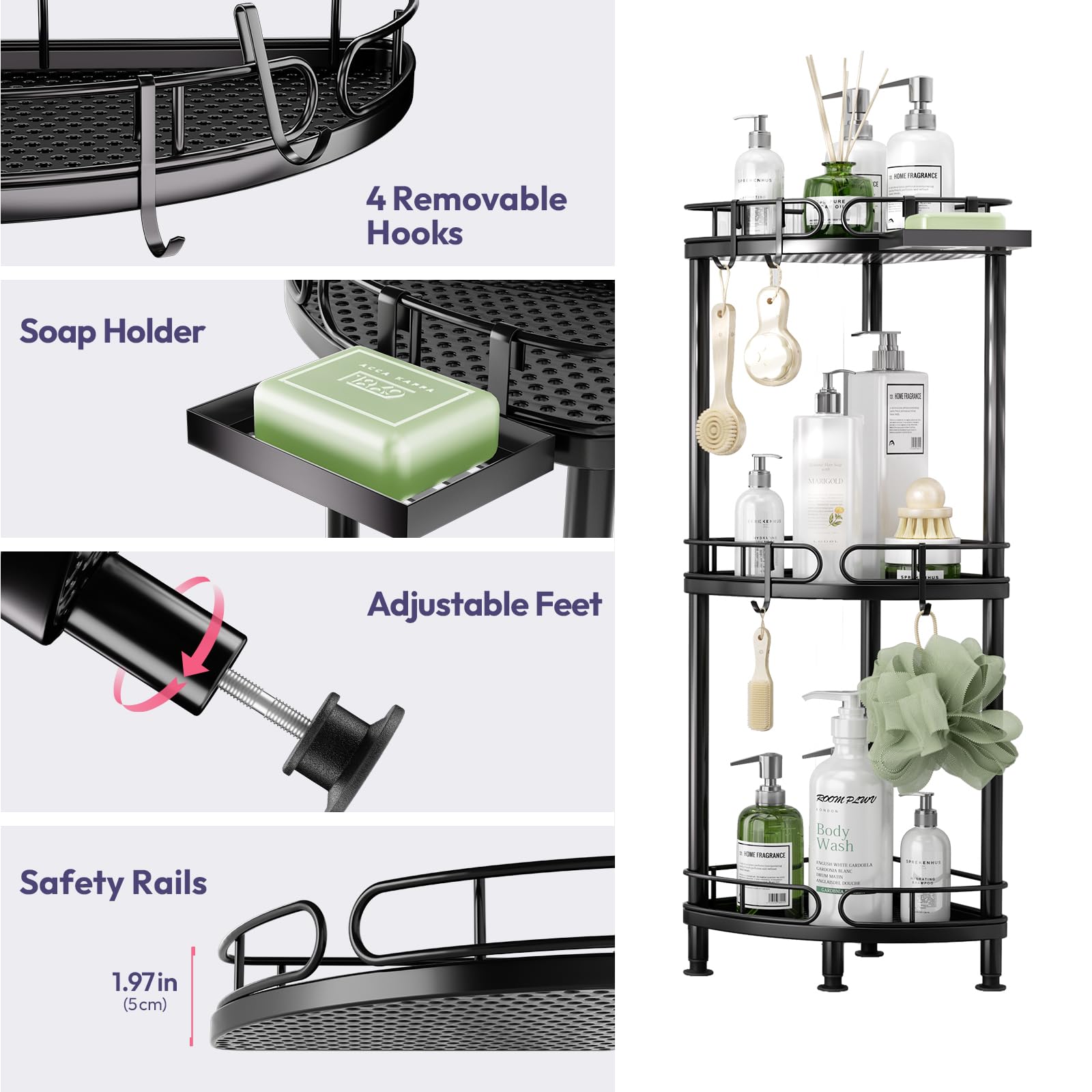 Swtymiki Corner Shower Caddy Standing - 3 Tier Corner Shelf Stand Shower Organizer With Soap Holder, Rust Proof Freestanding Flo