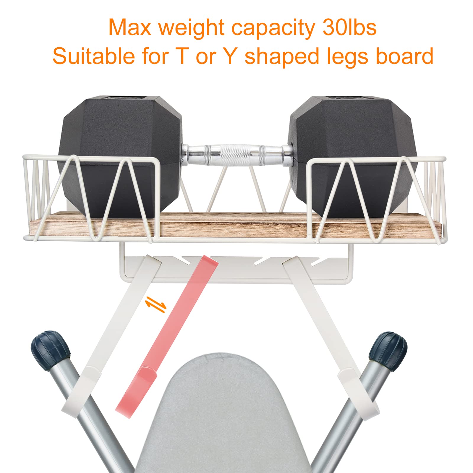 TJ.MOREE Ironing Board Hanger Wall Mount - Laundry Room Iron and Ironing Board Holder with Large Storage Wooden Base Basket and Removable Hooks(T&V Shaped) White