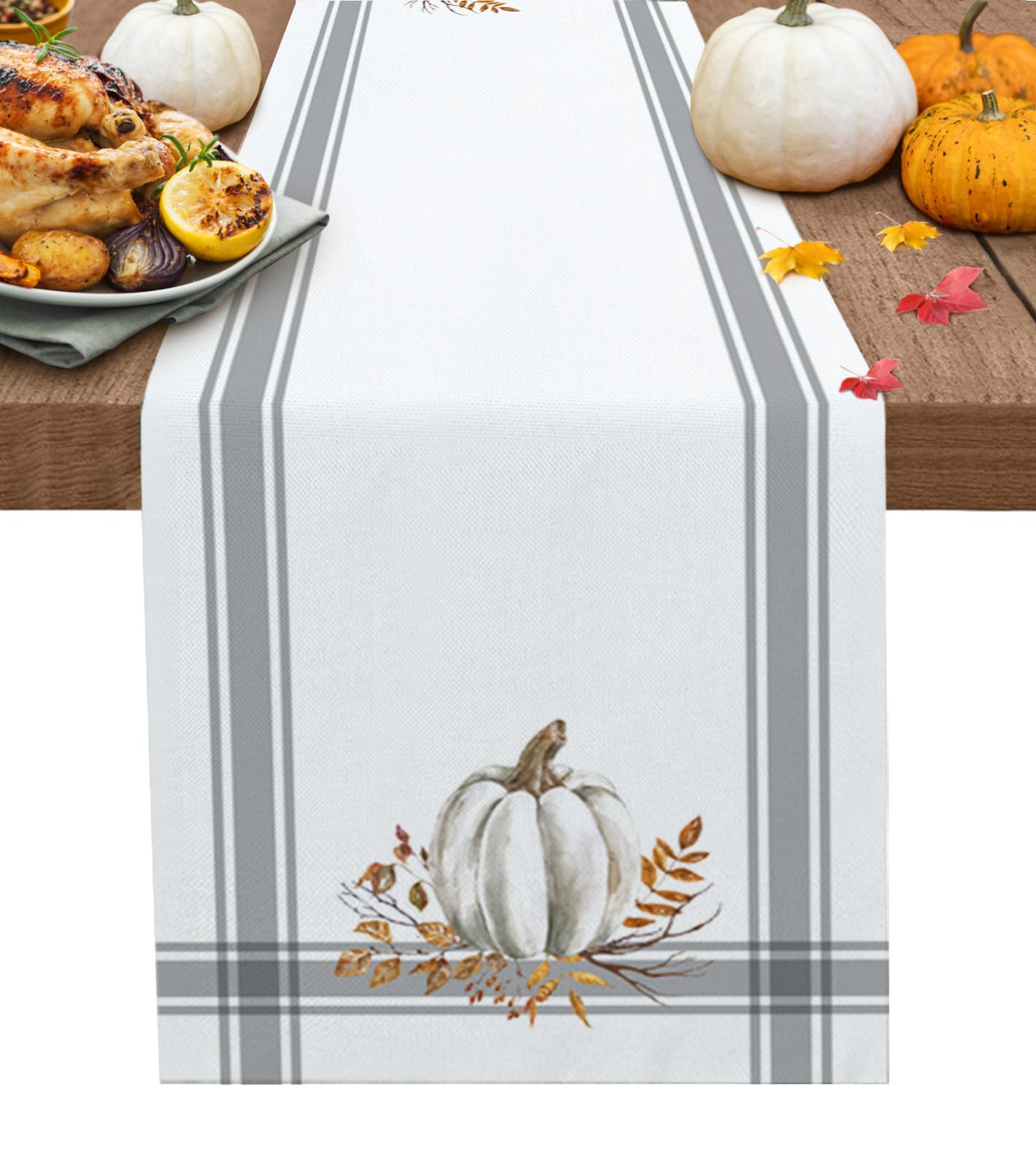 Fall Thanksgiving Table Runners 70 Inch Decorations White Pumpkin Leaf Branch Runners For Dining Tables Gray Stripes Autumn Dinn