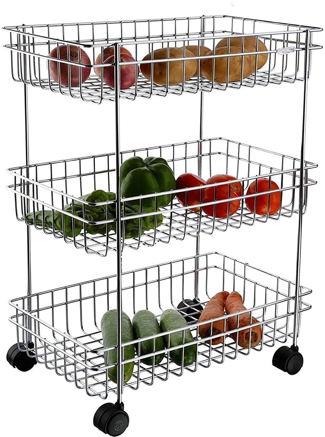 Rasvesh Rust Free Stainless Steel Fruit And Vegetable Stand Basket Trolley Modern Onion Potato Kitchen Storage Steel Rack Tripl