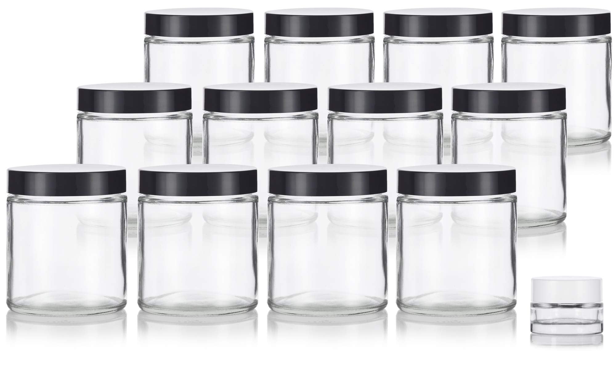 4 Oz / 120 Ml Clear Thick Glass Jar With Black Smooth Lids (12 Pack) + Small Glass Balm Jar