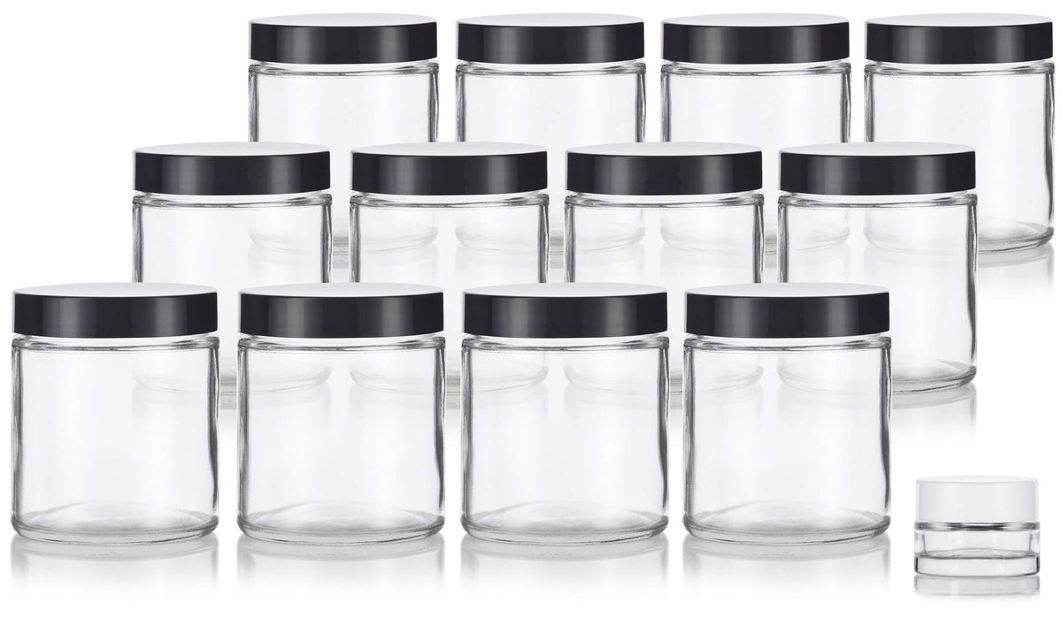 4 Oz / 120 Ml Clear Thick Glass Jar With Black Smooth Lids (12 Pack) + Small Glass Balm Jar