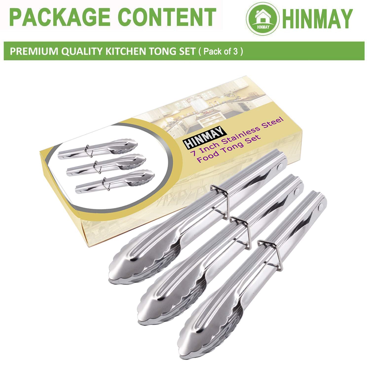 Hinmay Small Stainless Steel Serving Tongs 7-Inch Salad Tongs, Set Of 3 (Silver)