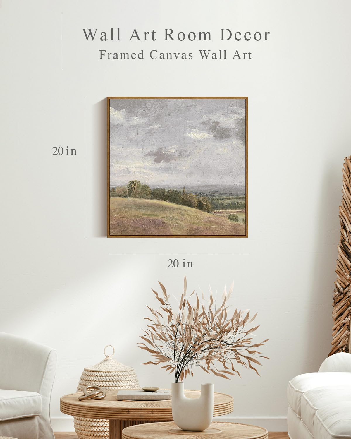Insimsea Square Framed Canvas Wall Art, Farmhouse Nature Scenery Sky Clouds Valley Grassland Wall Art Prints, Classical Retro Pa