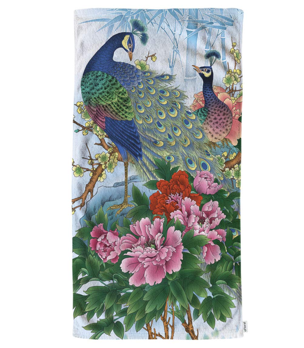 oFloral Peacock and Peony Flower Hand Towels Cotton Washcloths, Two Beautiful Peacock Rest On Stone and Branch Comfortable Soft 