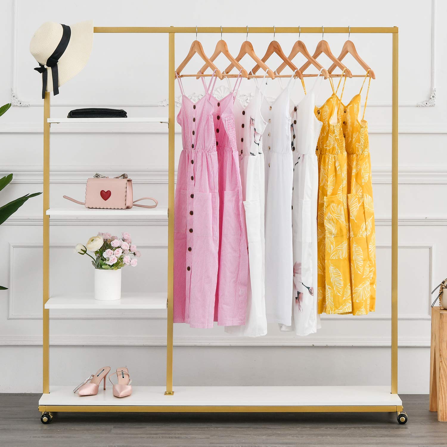 Bosuru Gold Clothes Racks With 4-Tier Wood Shelves, Modern Freestanding Gold Clothing Racks For Hanging Clothes Display Racks,Ro