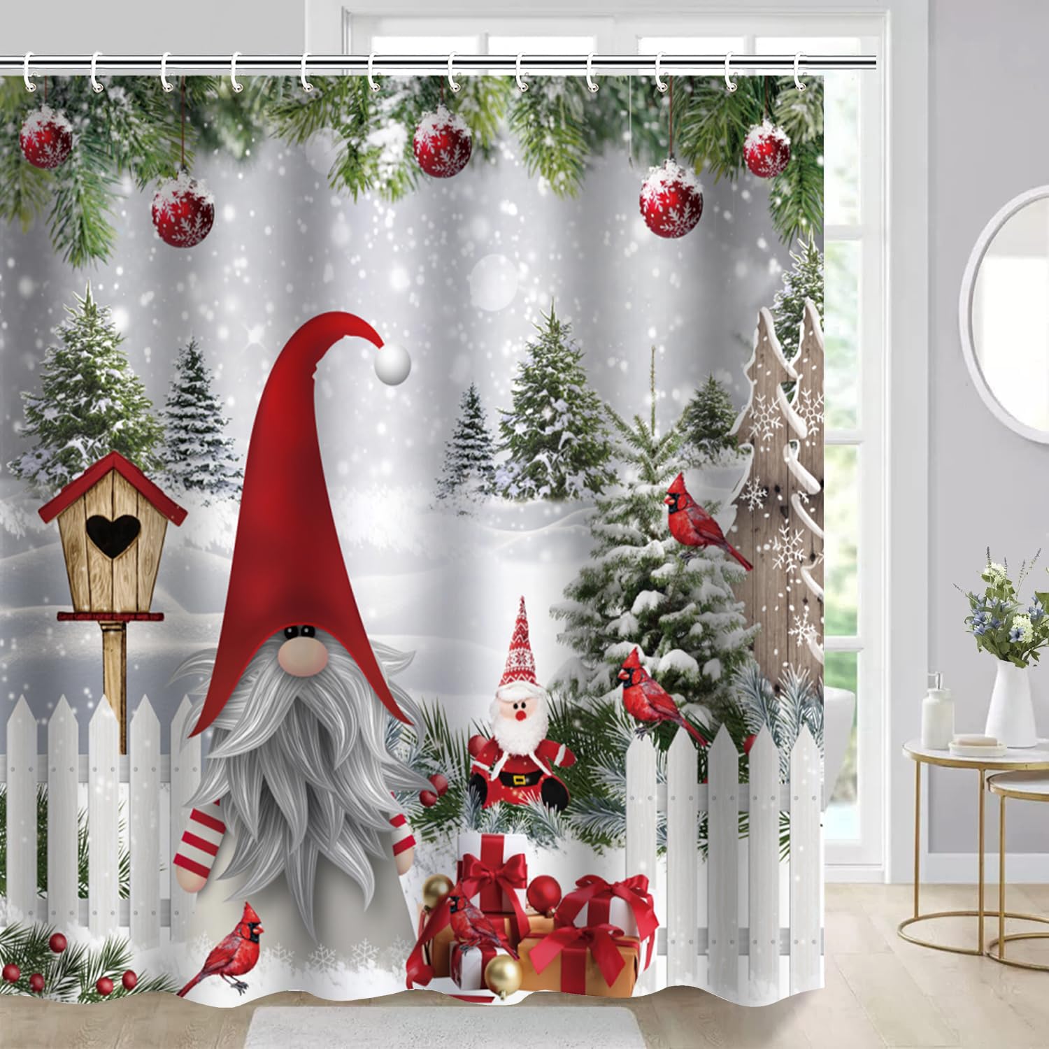 Atwqevon Christmas Shower Curtain, Gnome Shower Curtain Set, Winter Shower Curtains For Bathroom, Lovely Cute Sprite Bathroom Sh