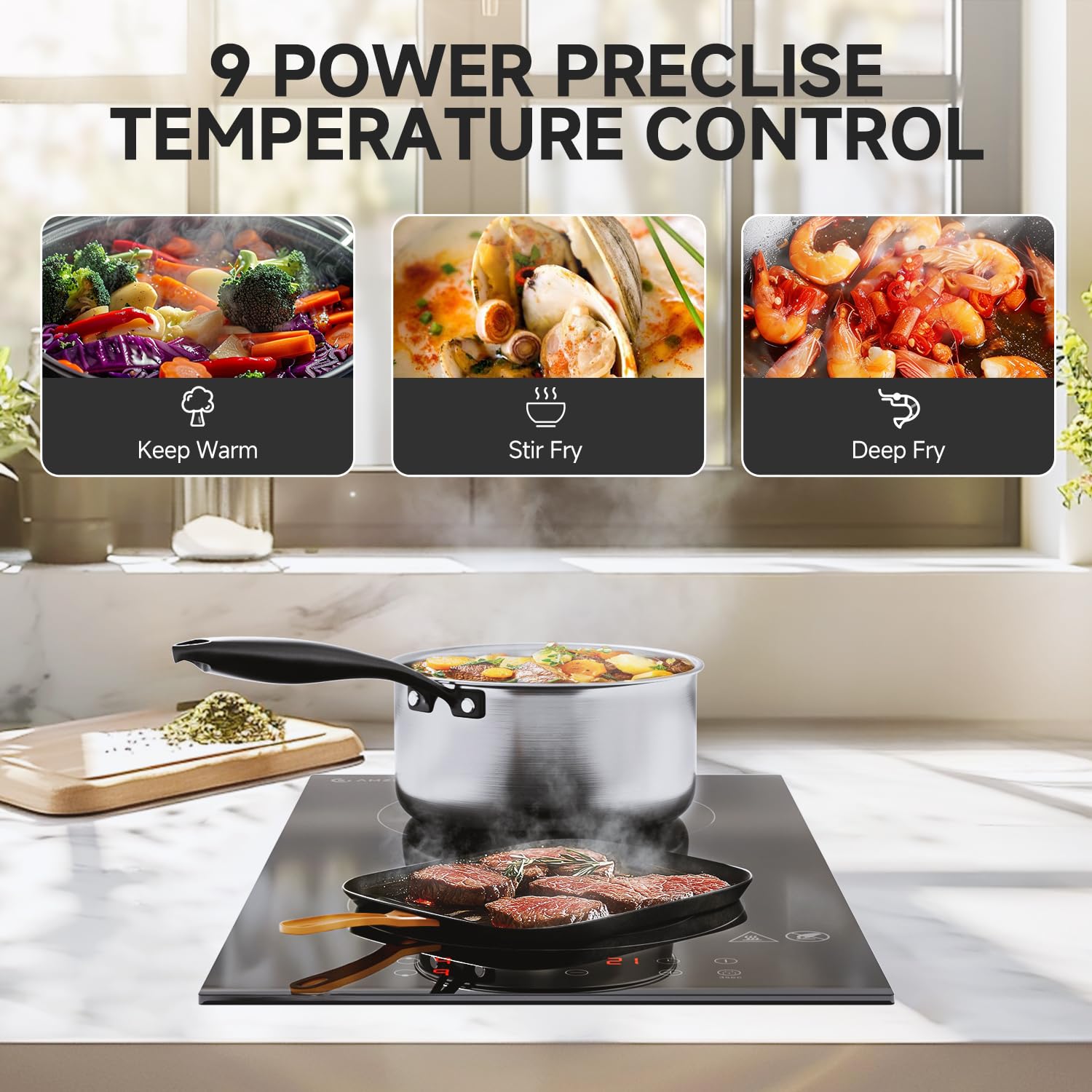 AMZCHEF Electric Induction Cooktop 2 Burners 12'' Electric Stove Top with Plug 1800W  120V  9 Power Levels  Child lock  Timer  Touch Control  Induction Stove for Fast Cooking  Bulit-in&Countertop