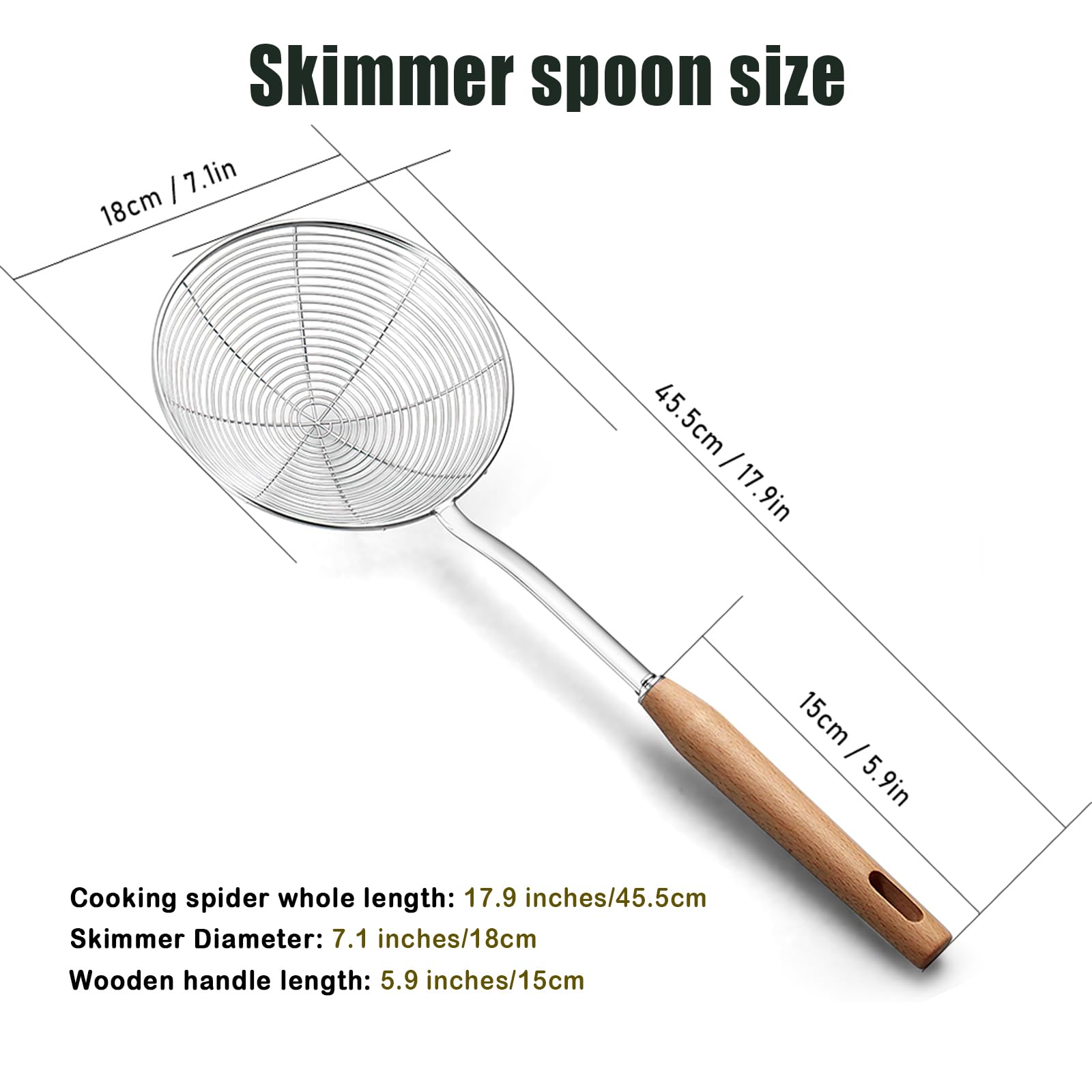 Spider Strainer, Slotted Spoon, 7.1 Inch Skimmer Spoon With Wood Handle, Stainless Steel Frying Spatula Large Strainer Ladle Met