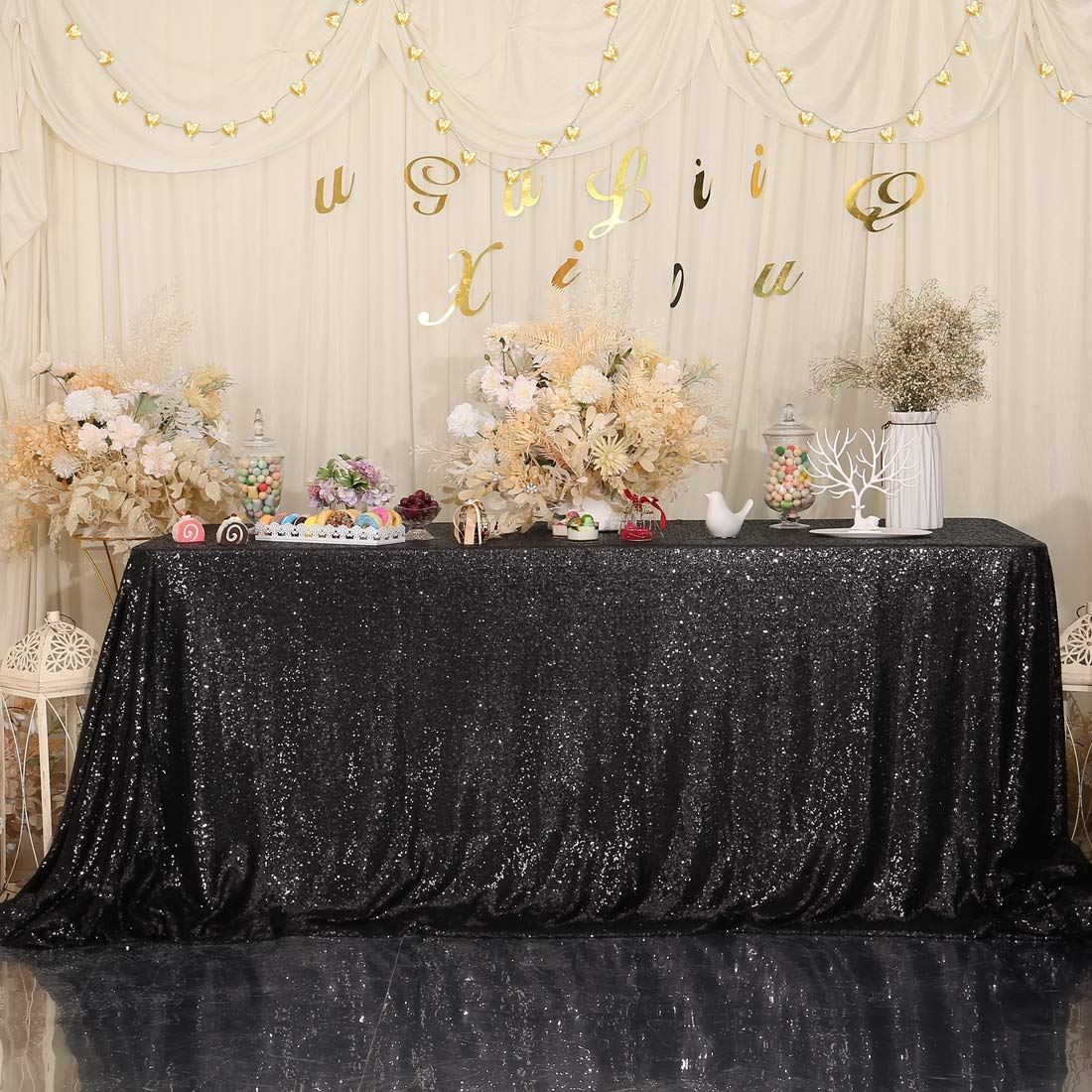 Juya Delight 60'' X 102'' Black Sequin Tablecloth Rectangle Sequin Table Cover For Wedding Birthday Party Festival Ceremony Cake