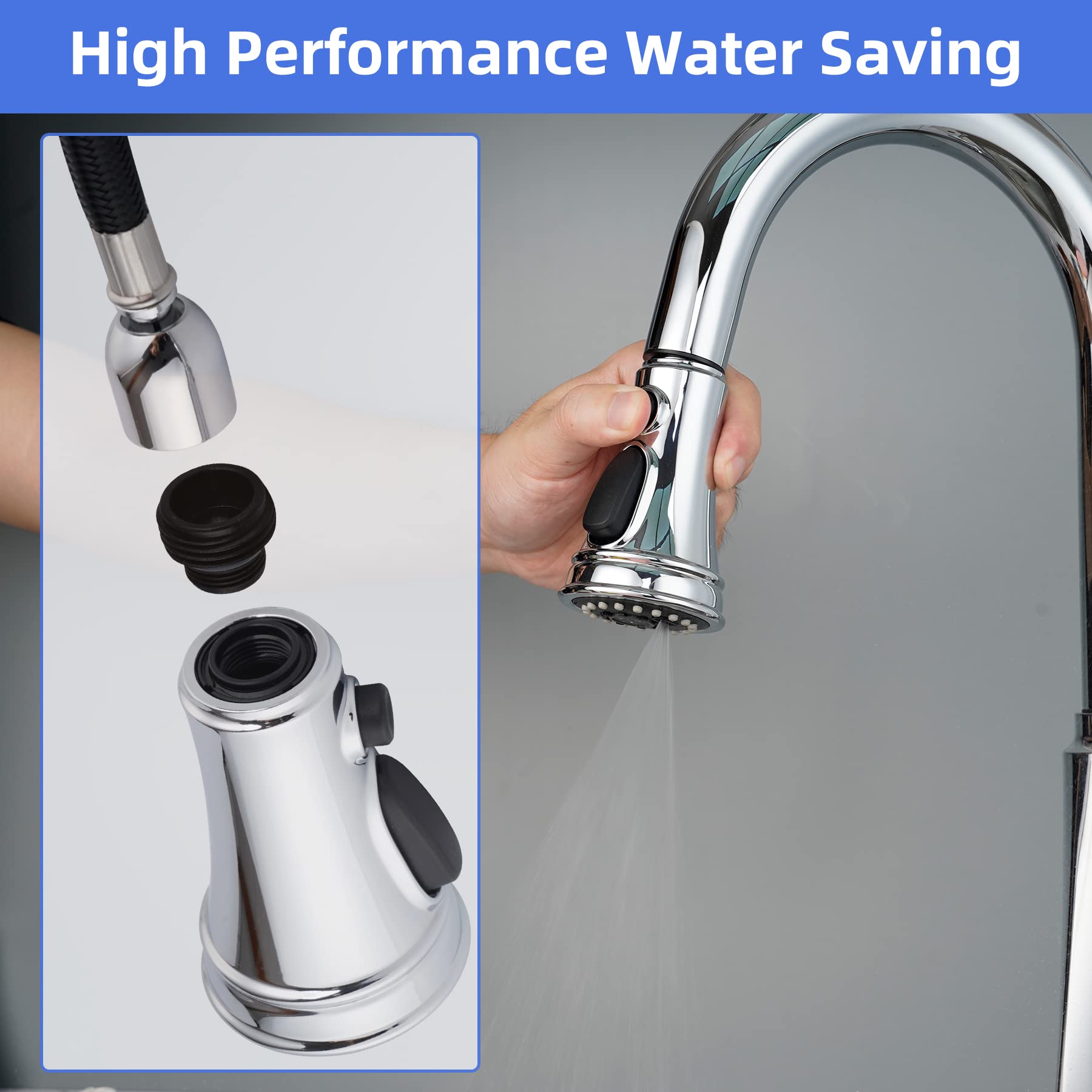 Universal Pull Down Spray Head 3 Modes For Kitchen Sink Faucet, Kitchen Sink Faucet Sprayer Nozzle Head Replacement Compatible W