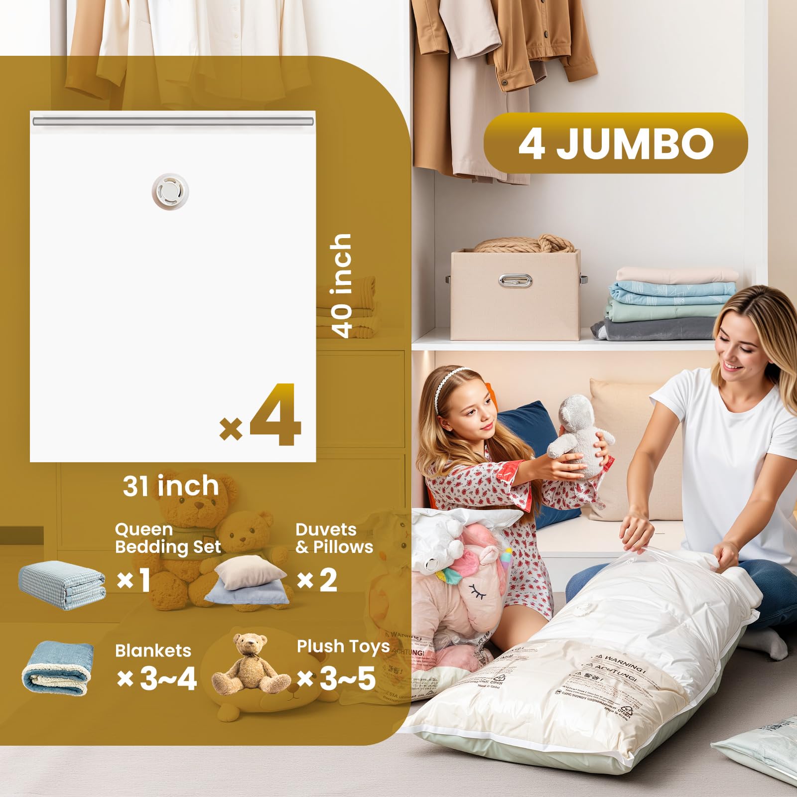TAILI 4 Pack Vacuum Storage Bags for Comforter and Blankets  Jumbo Vacuum Seal Bags for Bedding 40x31 Inch  Space Saver Bags for Clothes  Pillows  Saving More Closet Space