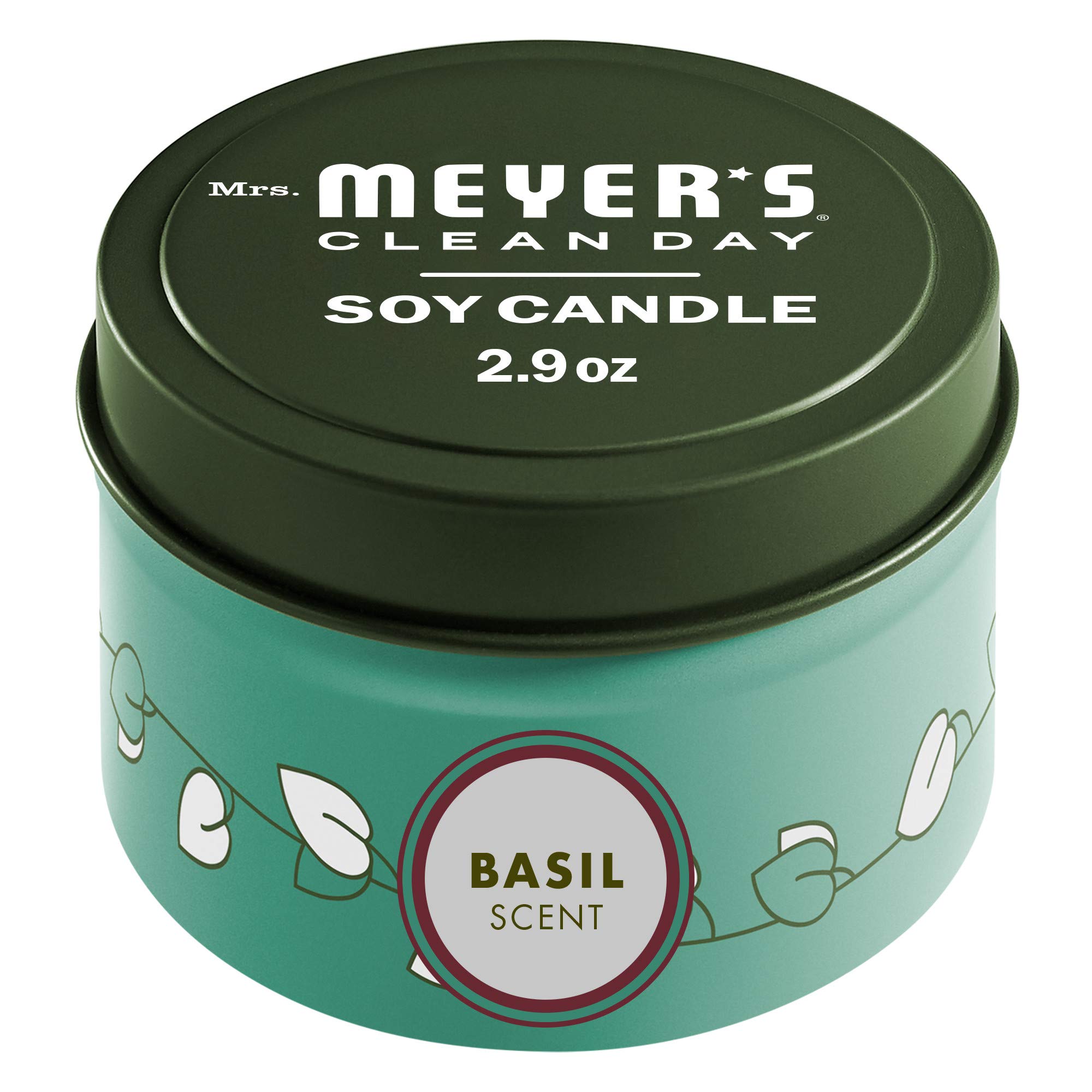 MRS. MEYERS CLEAN DAY Soy Tin Candle, 12 Hour Burn Time, Made with Soy Wax and Essential Oils, Basil, 2.9 oz