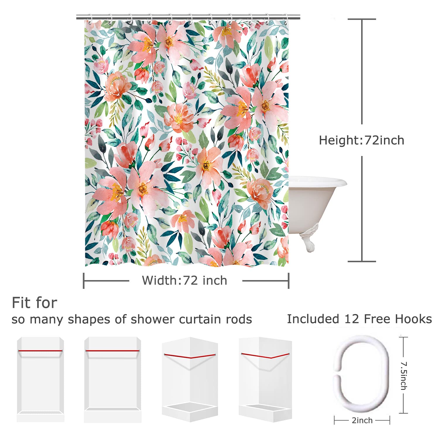 Livilan Pink Floral Shower Curtain, Flowers With Green Leaf Fabric Bathroom Curtains Set With Hooks, Blue And Pink Shower Curtai
