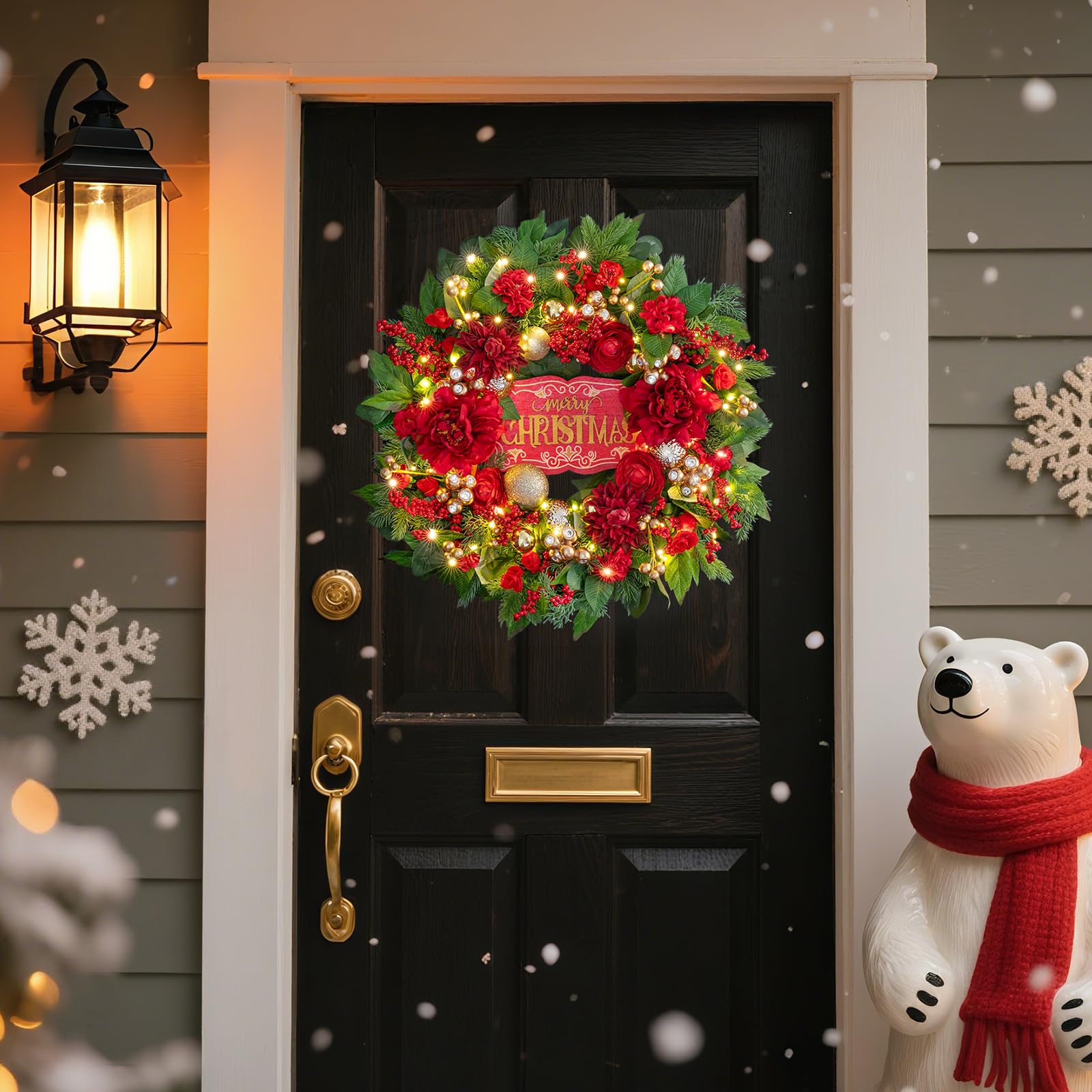 Christmas Wreaths for Front Door 24 Inch Christmas Wreath with Red Flowers, Berries, Gold Ornaments and LED Lights,Holiday Wreat