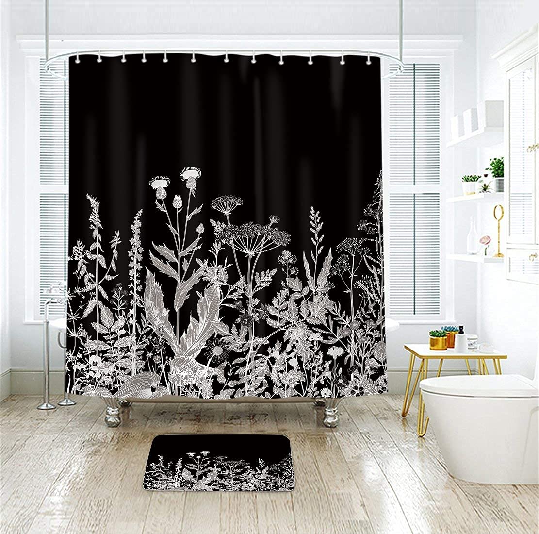 Riyidecor Wild Floral Wildflower Shower Curtain Botanical Herbs Black Plant Nature Blossom Flower Leaf Sketch Waterproof Fabric 72Wx72H Inch Polyester Bathroom Bathtub Decoration 12 Pack Plastic Hooks