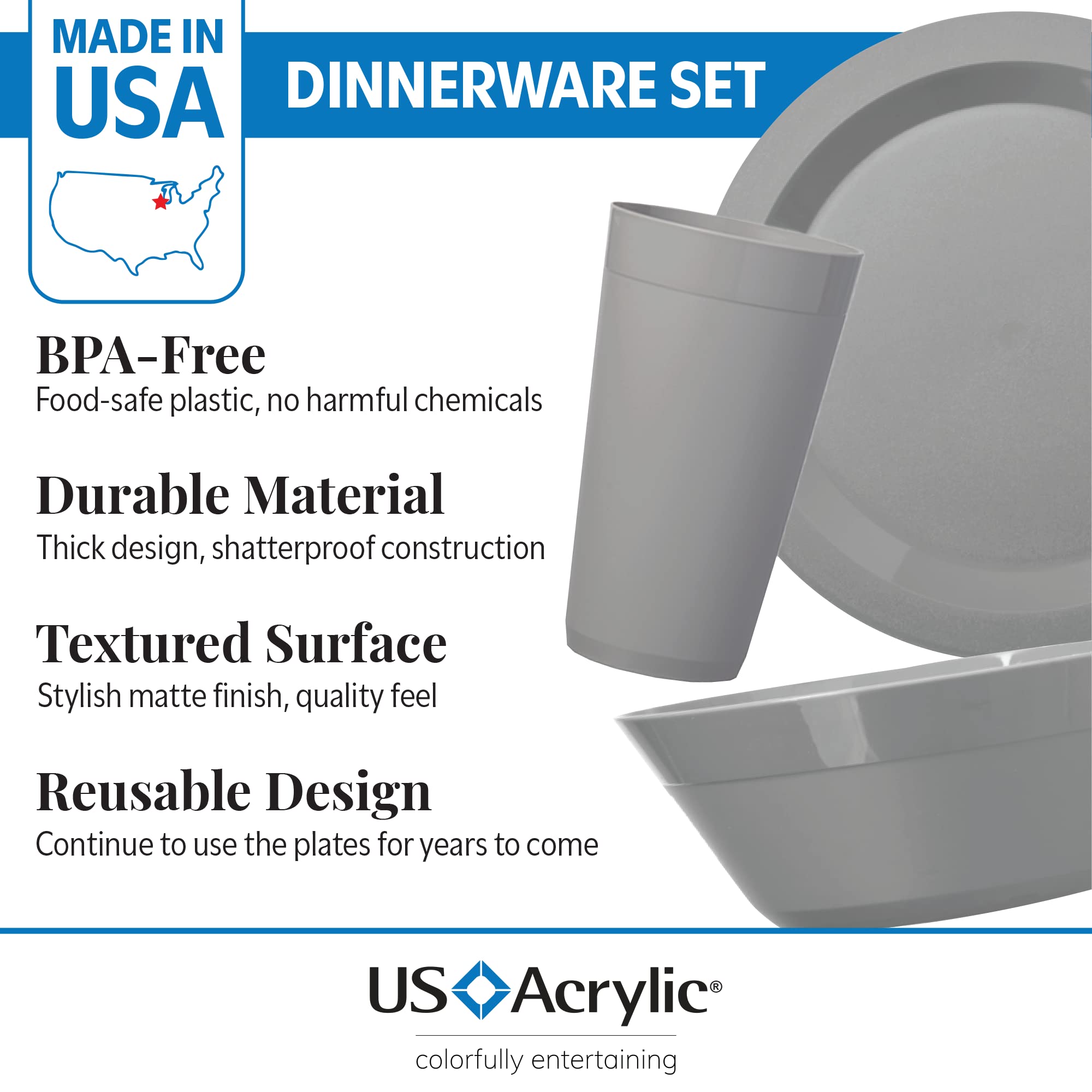 Us Acrylic Newport Plastic Plate, Bowl And Tumbler Dinnerware Set For 4 In Grey Stone | 12-Piece Drinking And Dining Set | Reusa