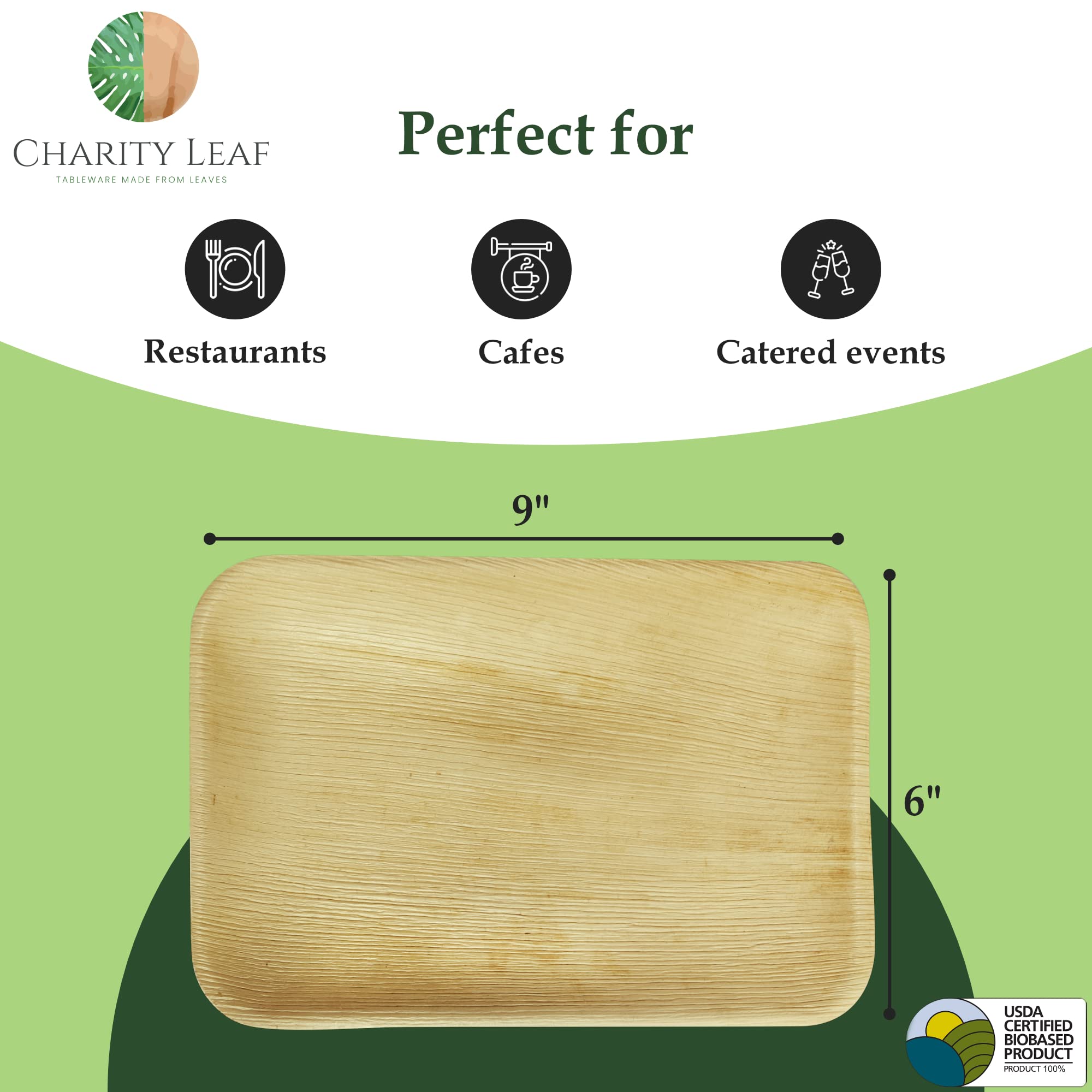 Charity Leaf Eco-Friendly Palm Leaf Trays - 9''X6'' (25-Pack) | Elegant Bamboo-Inspired Platters | Premium Quality, Biodegradabl