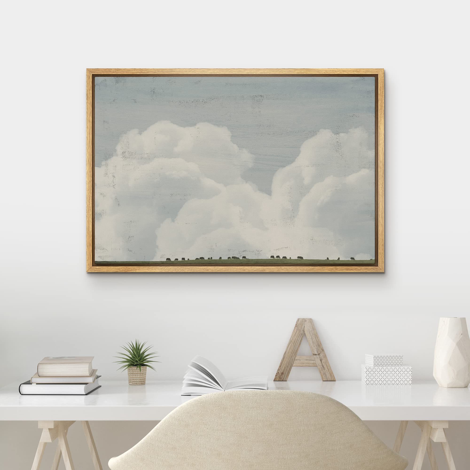 Mudecor Framed Canvas Print Wall Art White Clouds Over Grazing Cows Nature Wilderness Illustrations Modern Art Farmhouse/Country