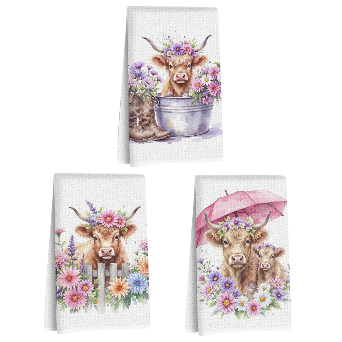 3 Pcs Cow Kitchen Towels, Colorful Flower Soft Absorbent Hand Tea Towel, Microfiber Dish Cloths for Drying Dishes, Waffle Dish T