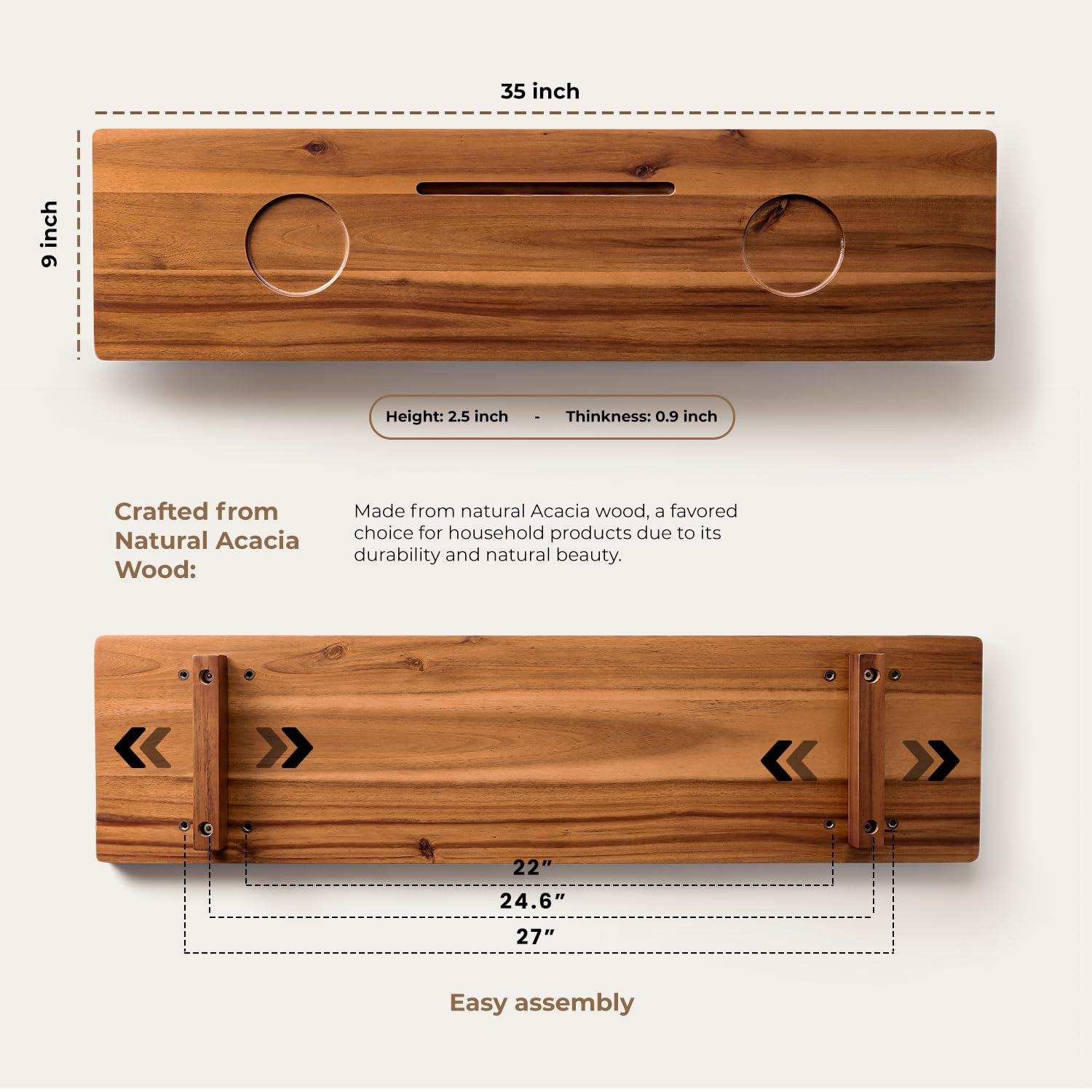 Tinamo Acacia Bathtub Caddy Tray Table | 35X9 Inch Large Bath Tub Tray Wooden | Anti-Tipping, Sustainable Tub Tray For Bathtub |
