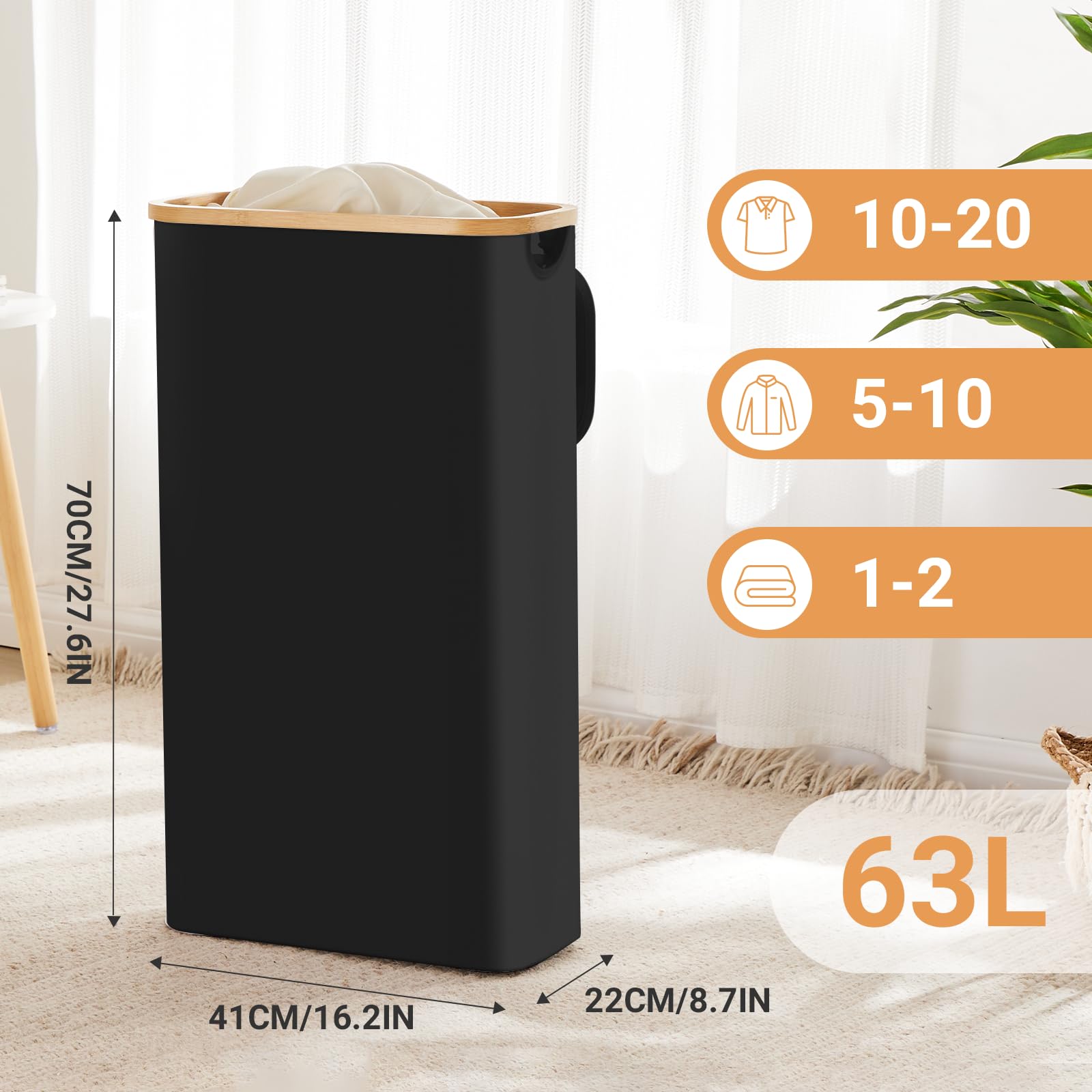 Fiona'S Magic Slim Laundry Hamper With Lid, 63L Narrow Laundry Basket With Removable Bag, Black Collapsible Dirty Clothes Basket