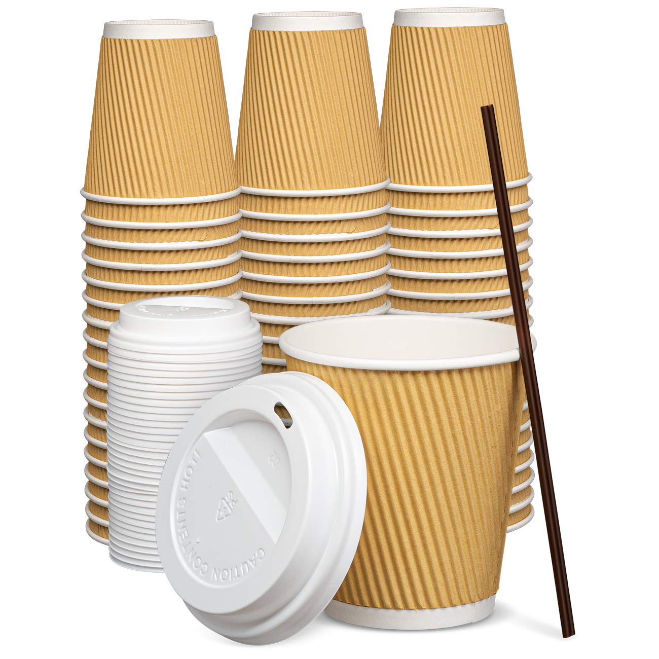 Comfy Package [10 Oz. - 50 Sets Insulated Kraft Ripple Paper Hot Cups, Disposable Coffee Cups With Lids - Ideal For Hot Beverage