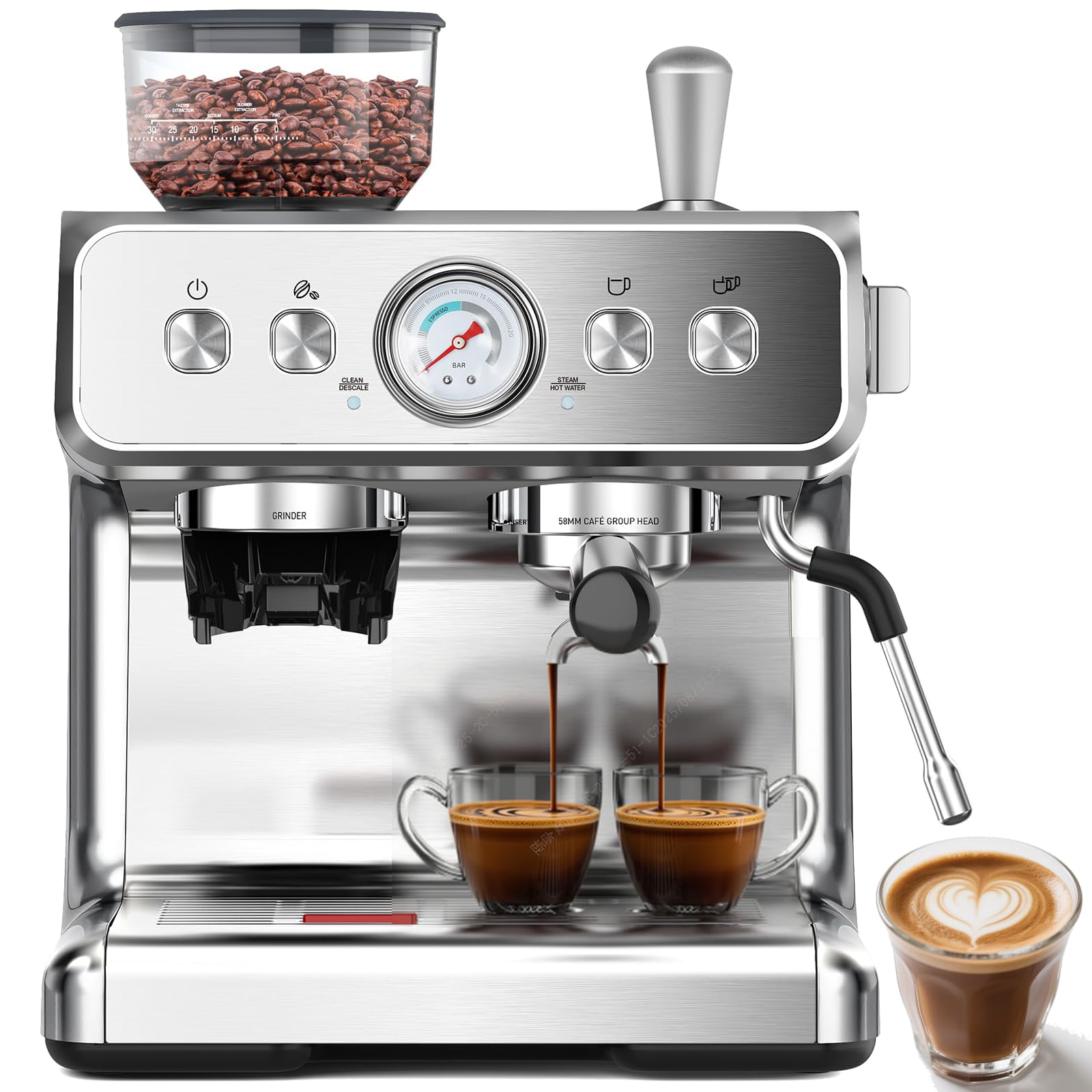 (2025 Upgrade)20 Bar Espresso Machine with Grinder & Milk Frother Steam Wand, Tamping Tools, Expresso Coffee Machines 58mm Comme