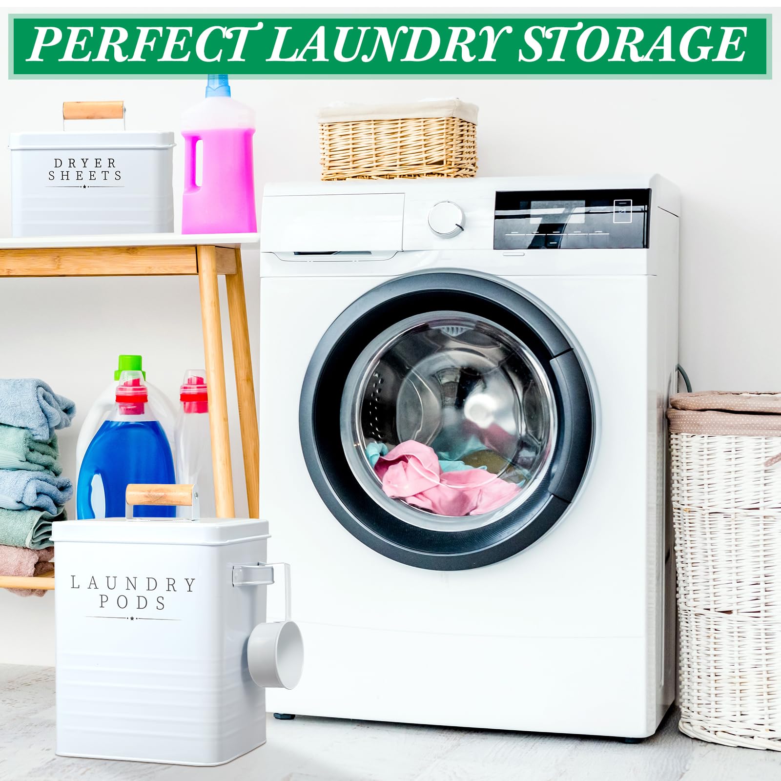 Yaocom 2 Pcs Laundry Pod Container With Dryer Sheet Holder For Laundry Room Farmhouse Detergent Storage Box With Lid Handle Meta