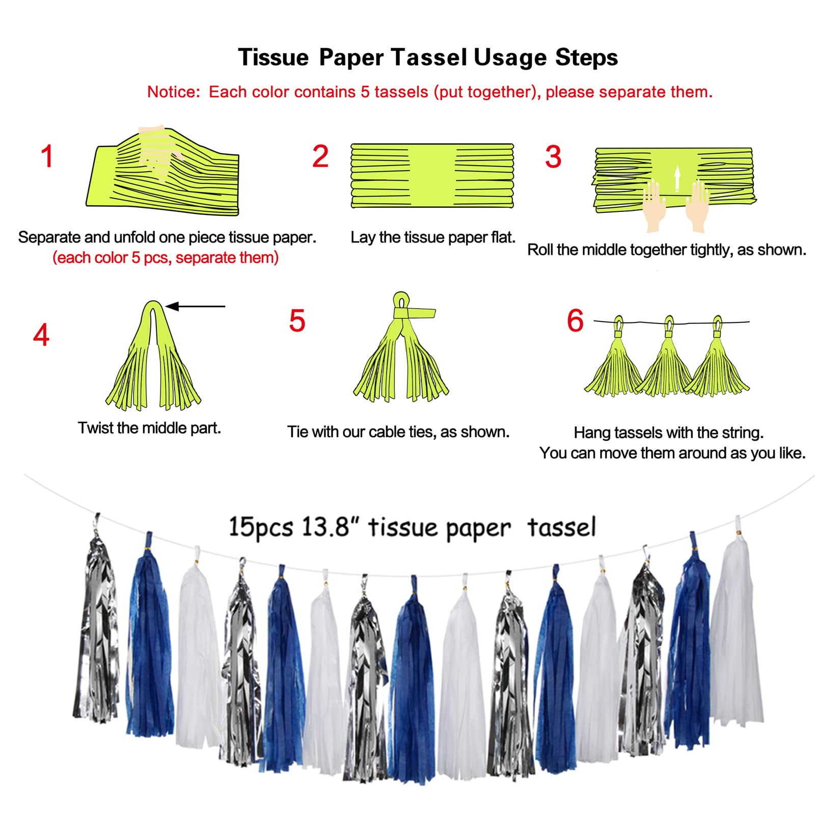 Navy-Blue White-Silver Tassel Garland Streamers - 15pcs Party Decorations Tissue Paper Tassels Banner,Graduation 2025 Wedding Ba